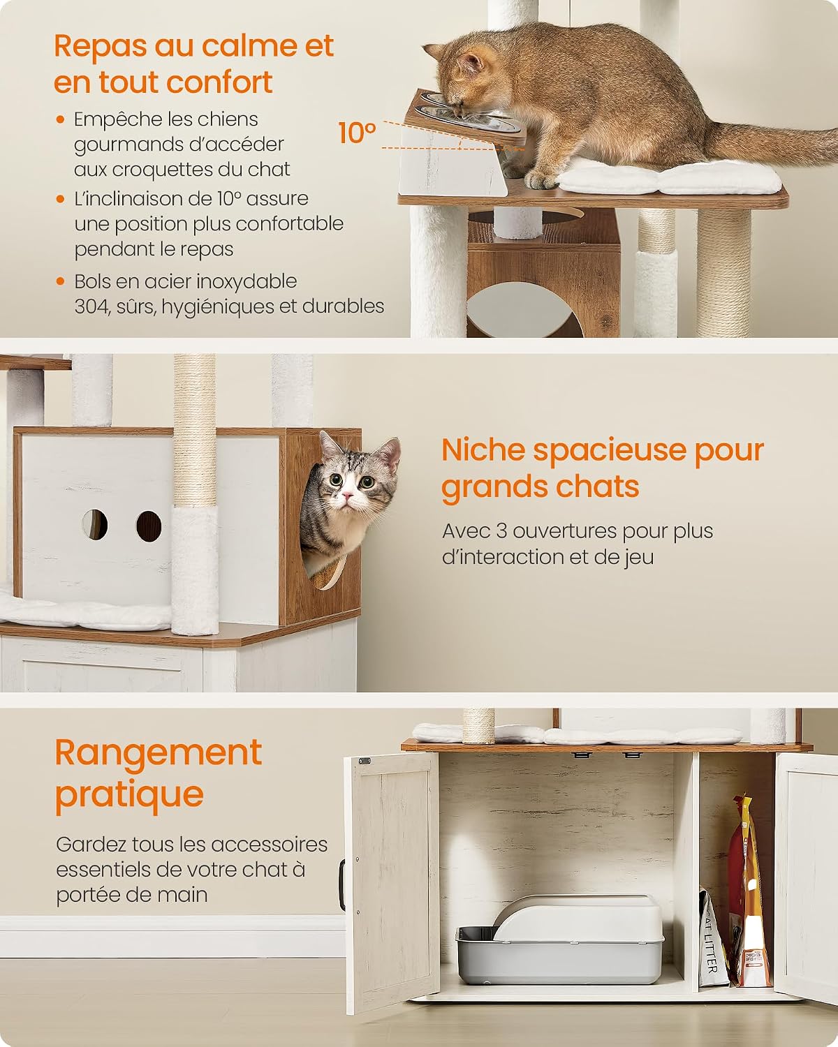 Detalle 2 de Feandrea Arbre à Chat de 170 cm avec Cache-Litière et Accessoires Intégrés – Marron Miel et Blanc Rustique PCT169W201