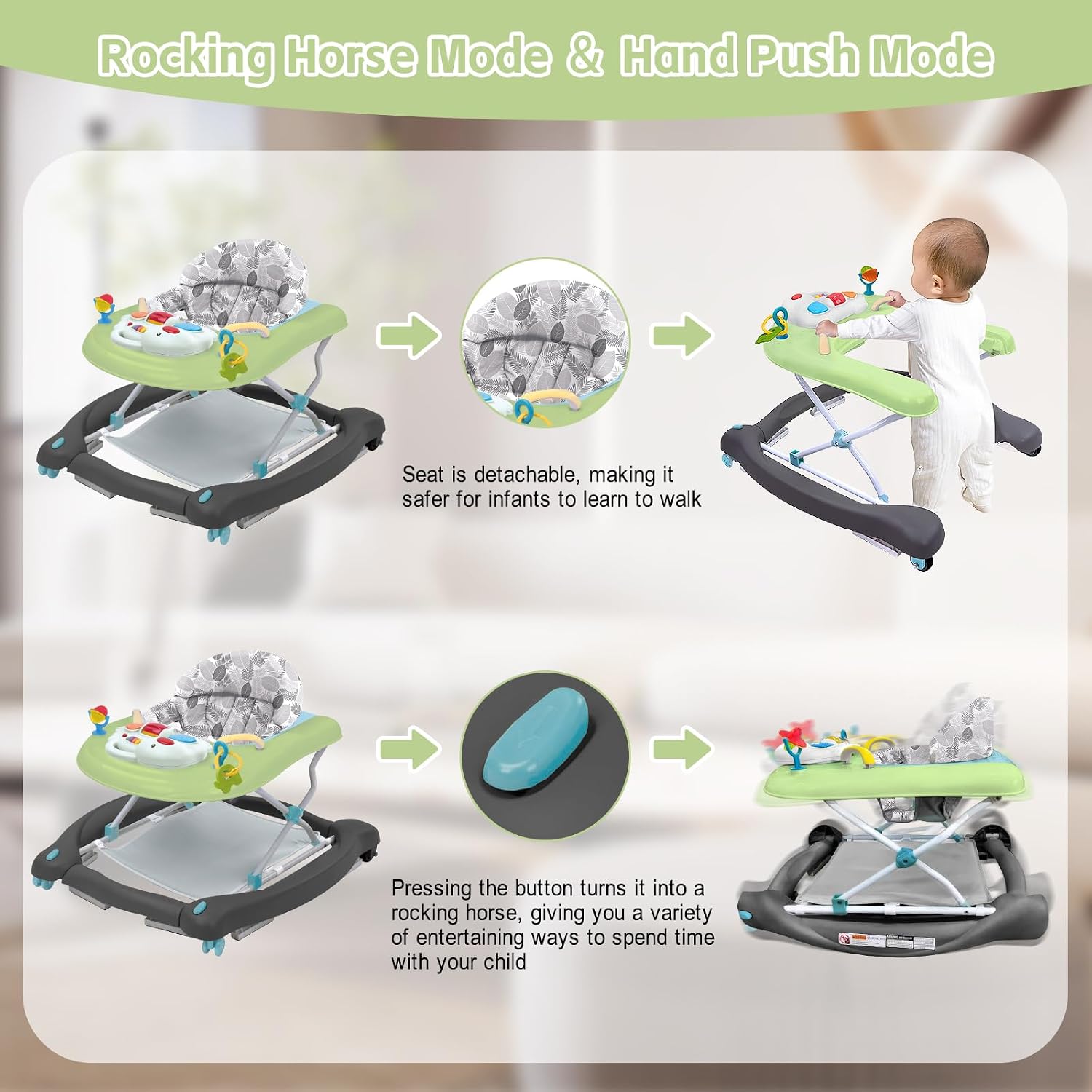 Detalle de Howeemo 5-in-1 Foldable Baby Walker with Activity Center, Rocker and 3 Heights