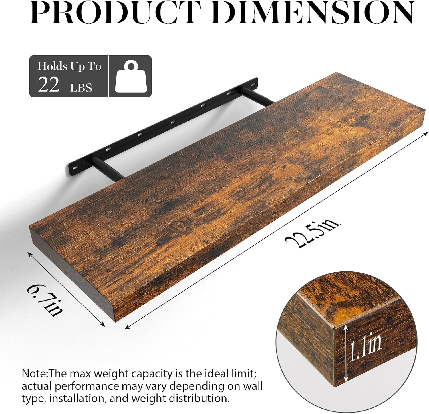 Detalle de BAYKA 22.5-inch Rustic Floating Shelf 22 lb capacity 🪵