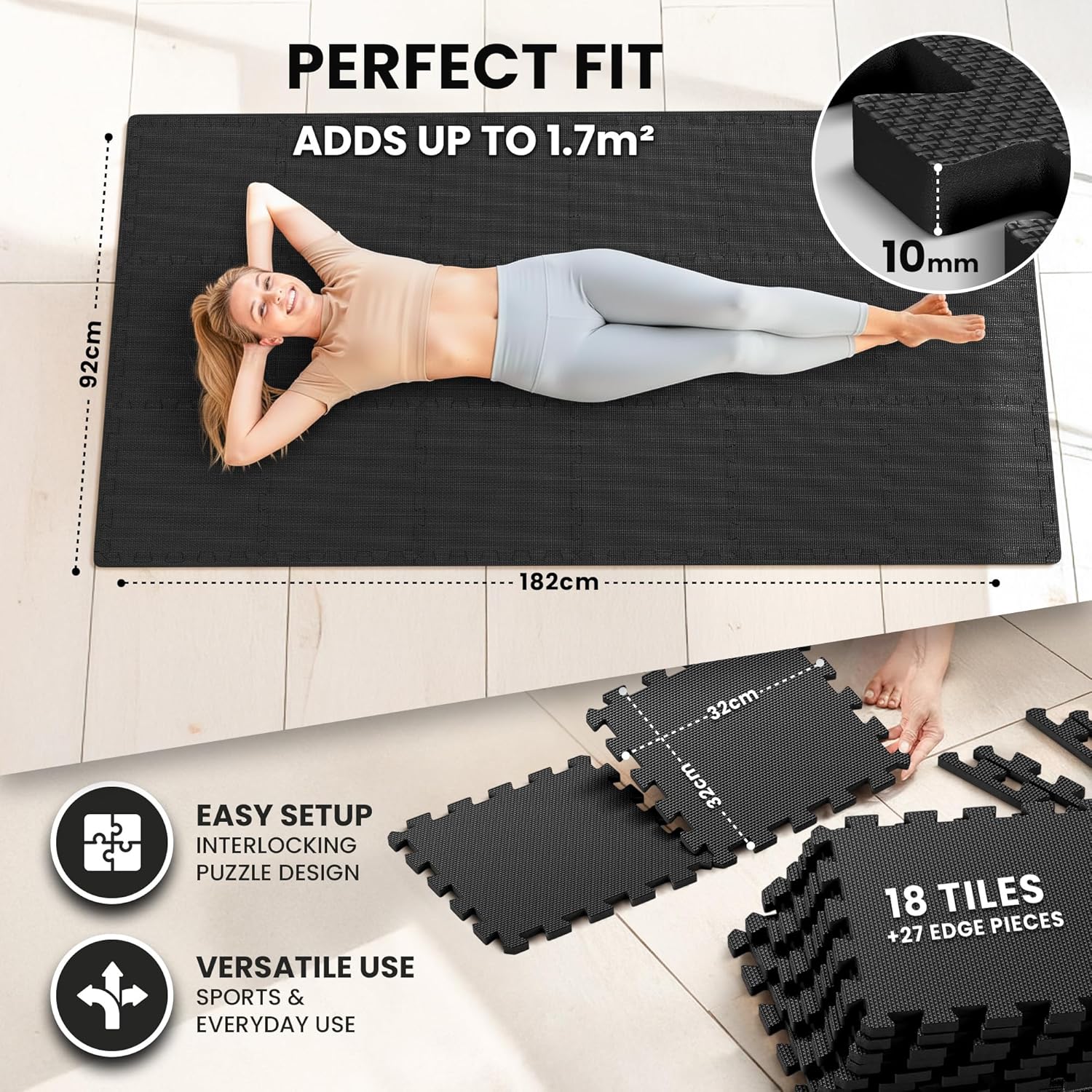 Detalle de Interlocking Soft Foam Floor Mat set (18 pieces) – EVA puzzle rubber tiles for gym, home and garage protection
