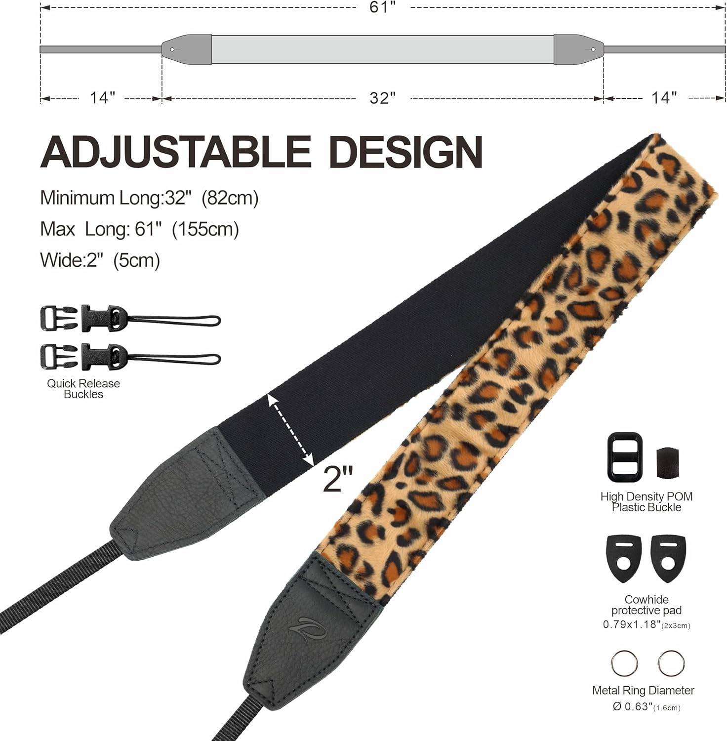 Detalle de Padwa Lifestyle Leopard Print Velvet Camera Strap – 2" Double Layer Full Grain Cowhide Head, Adjustable 32–61