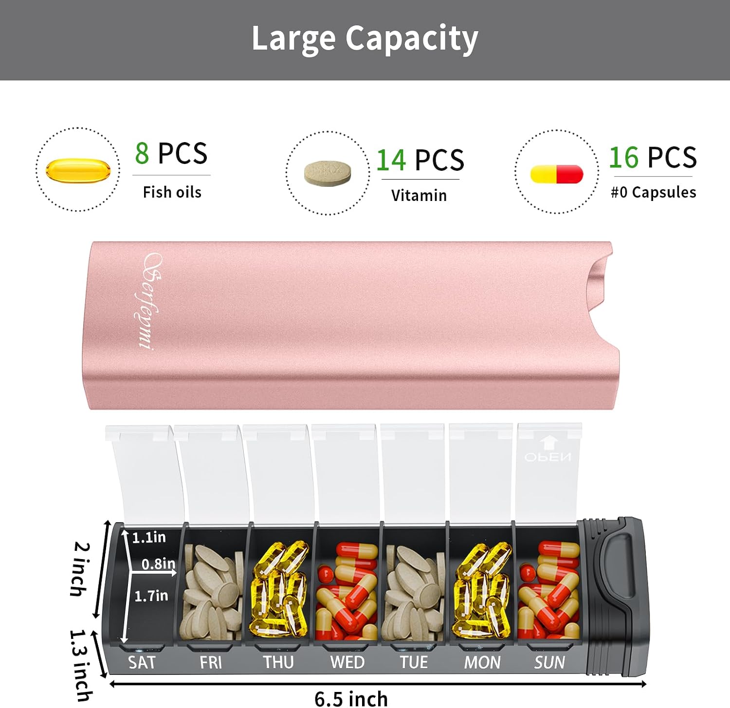 Detalle 2 de Serfeymi Weekly 7-Day Metal Pill Organizer in Pink