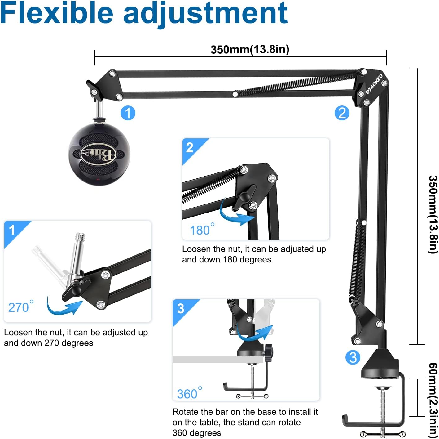 Detalle de Aokeo AK-35 desk microphone boom arm with scissor arm design (for Blue Yeti, Snowball, QuadCast, Wave and more)