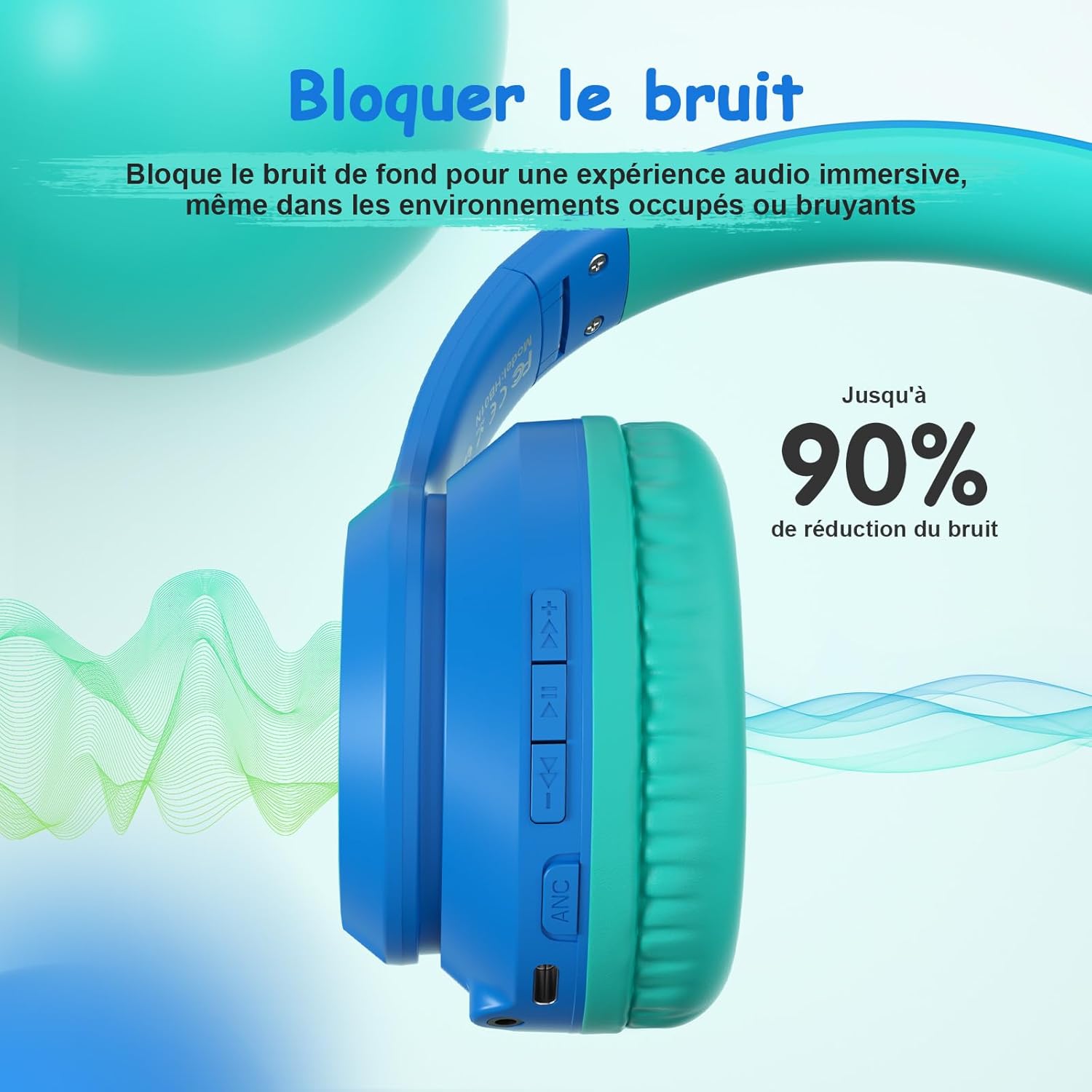 Detalle de Casque Bluetooth enfant TONOSHARK sans fil (bleu foncé) – antibruit, micro intégré, autonomie jusqu’à 60 h, étui inclus