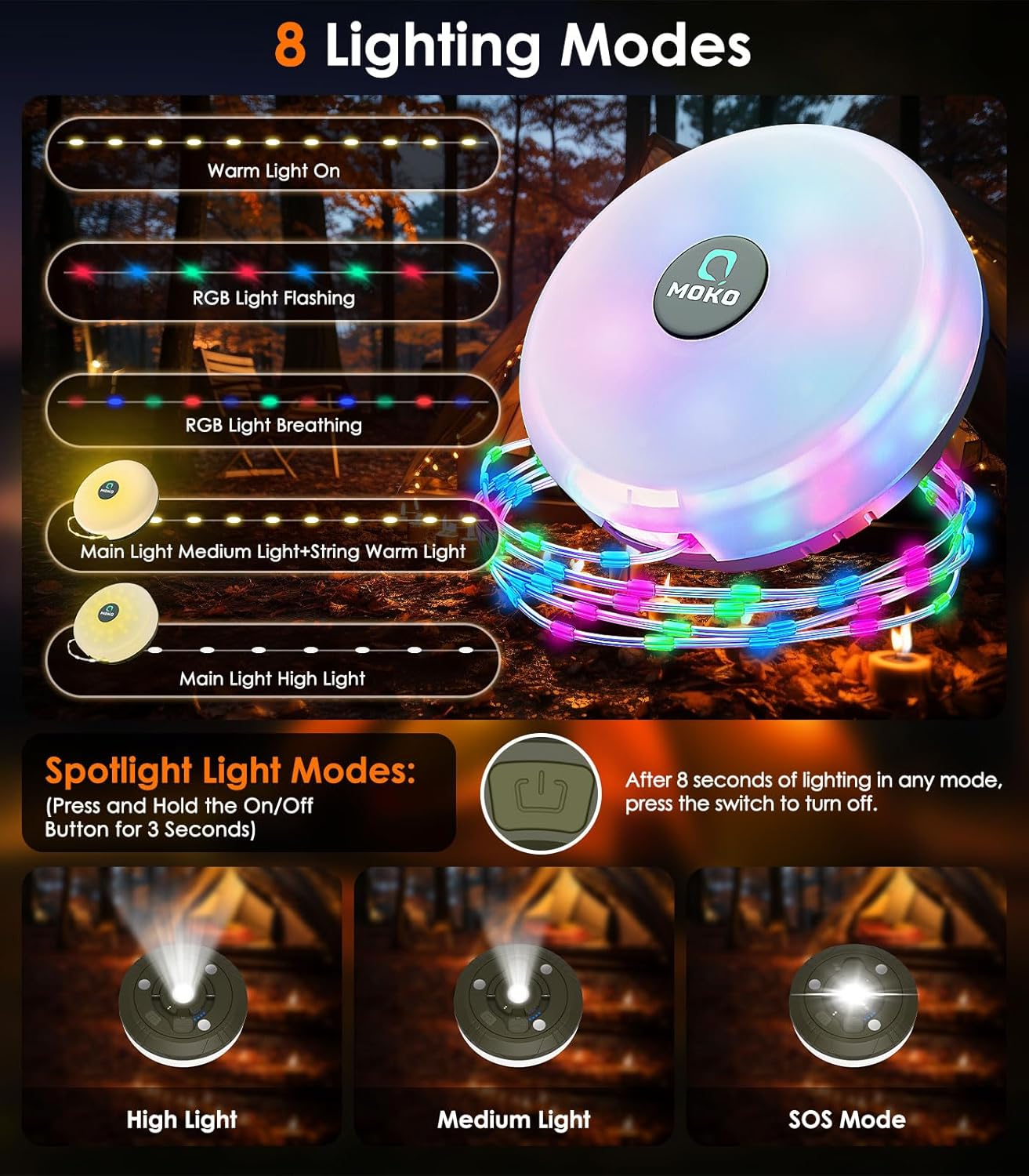 Thumbnail 2 de MoKo 3-in-1 Camping-Lichterkette Aufrollbar – Wiederaufladbare LED-Lichtquelle für Zelt, Outdoor & Dekoration