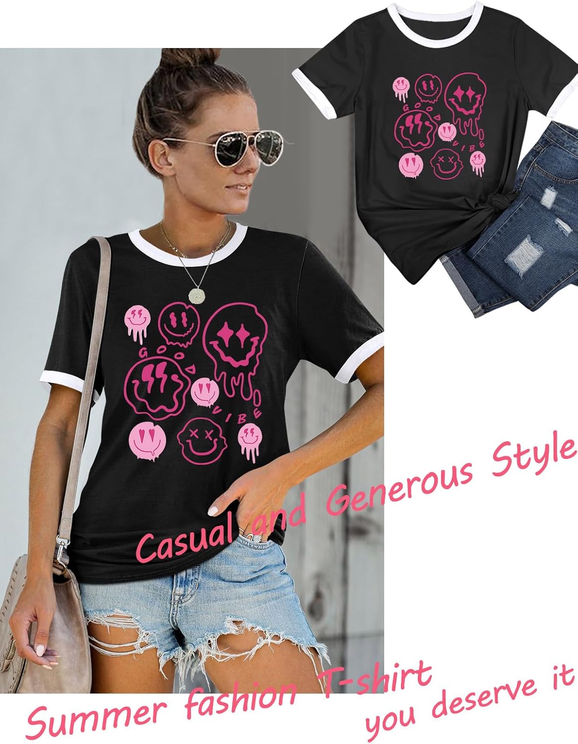 Thumbnail 3 de WIEIYM Women’s Funky Graphic T-Shirt with Smile Face Crew Neck