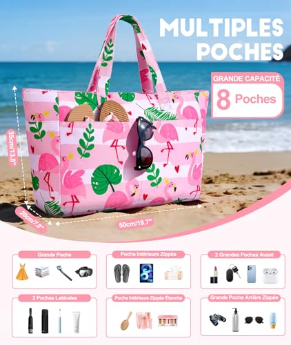 Thumbnail 3 de ISEYOU Grand Sac de Plage XXL Imperméable avec Fermeture Éclair – Sac Plage Pliable et Léger, Multi-Poches de Grande Capacité
