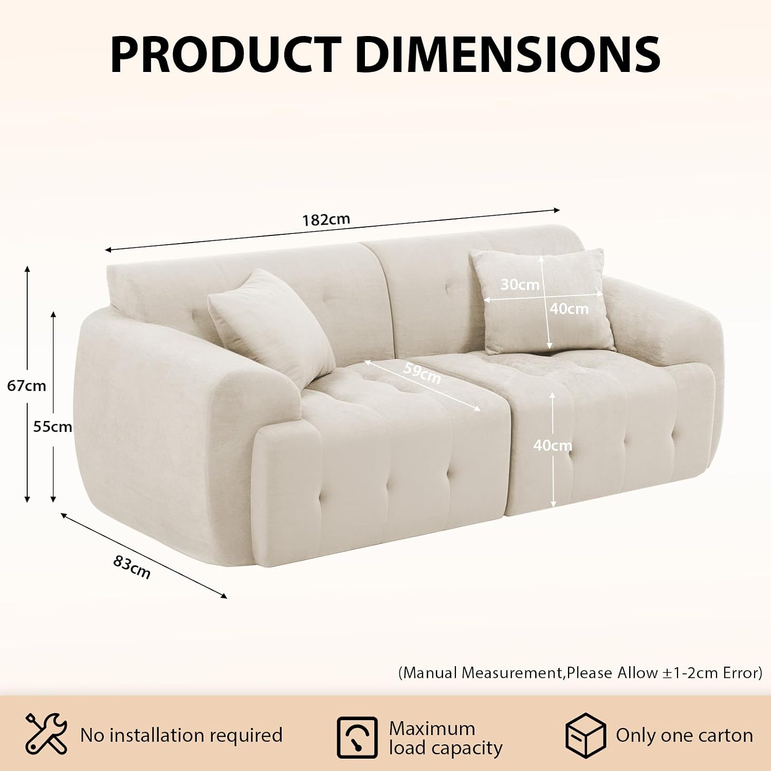 Detalle de COMHOMA B16 2-Seater Sofa, Beige Fabric, Foam Cushions, No Assembly