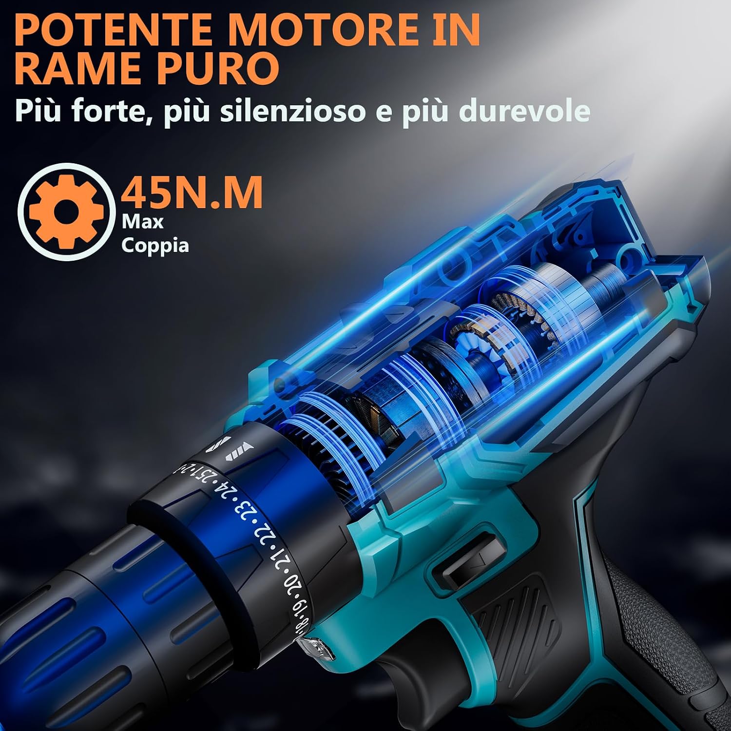 Thumbnail 1 de Olubfdh Trapano Avvitatore a Batteria 21V con 2x2000mAh – 45 Nm, 25+3 Coppia, LED, 60 Minuti di Carica (Blu)