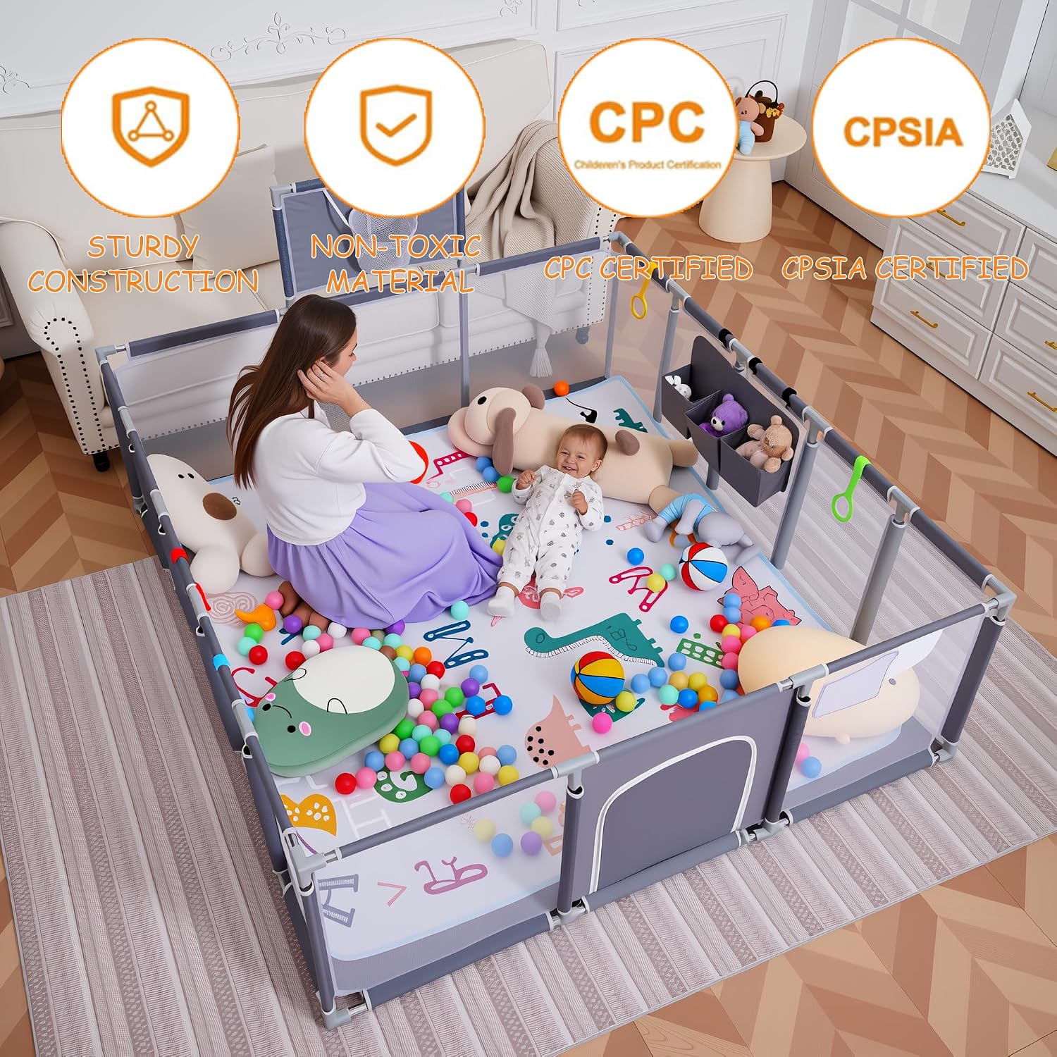 Thumbnail 4 de Clocly 79" x 71" Baby Playpen with Mat, Mesh Sides and Play Accessories