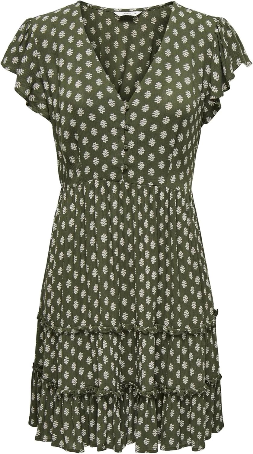 Detalle 1 de ONLY Onlclaudette Life SS Mini Dress WVN Noos – Robe courte à volants et col en V