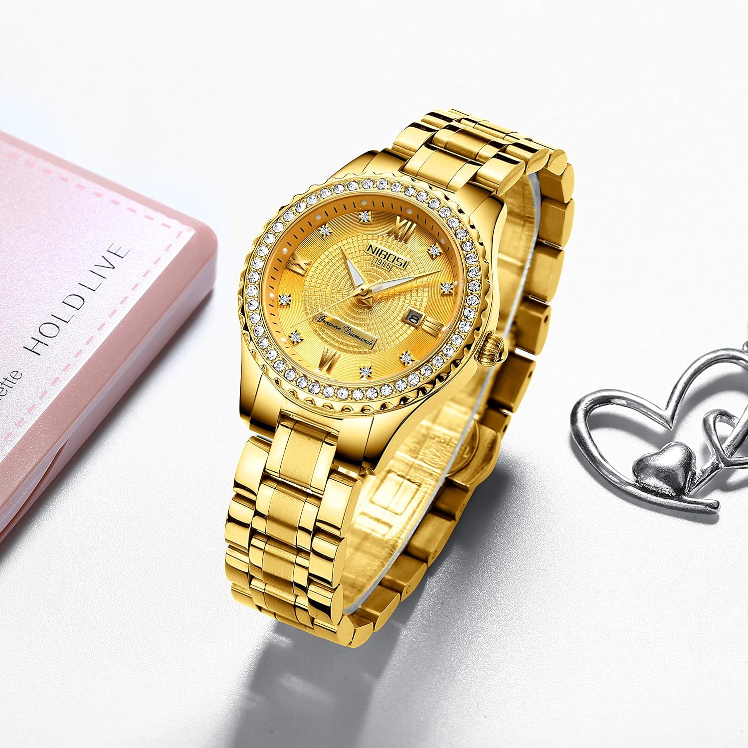 Thumbnail 3 de NIBOSI Damen-Armbanduhr mit Quarzwerk, Mineralglas und roségoldfarbenem Diamant-Zifferblatt