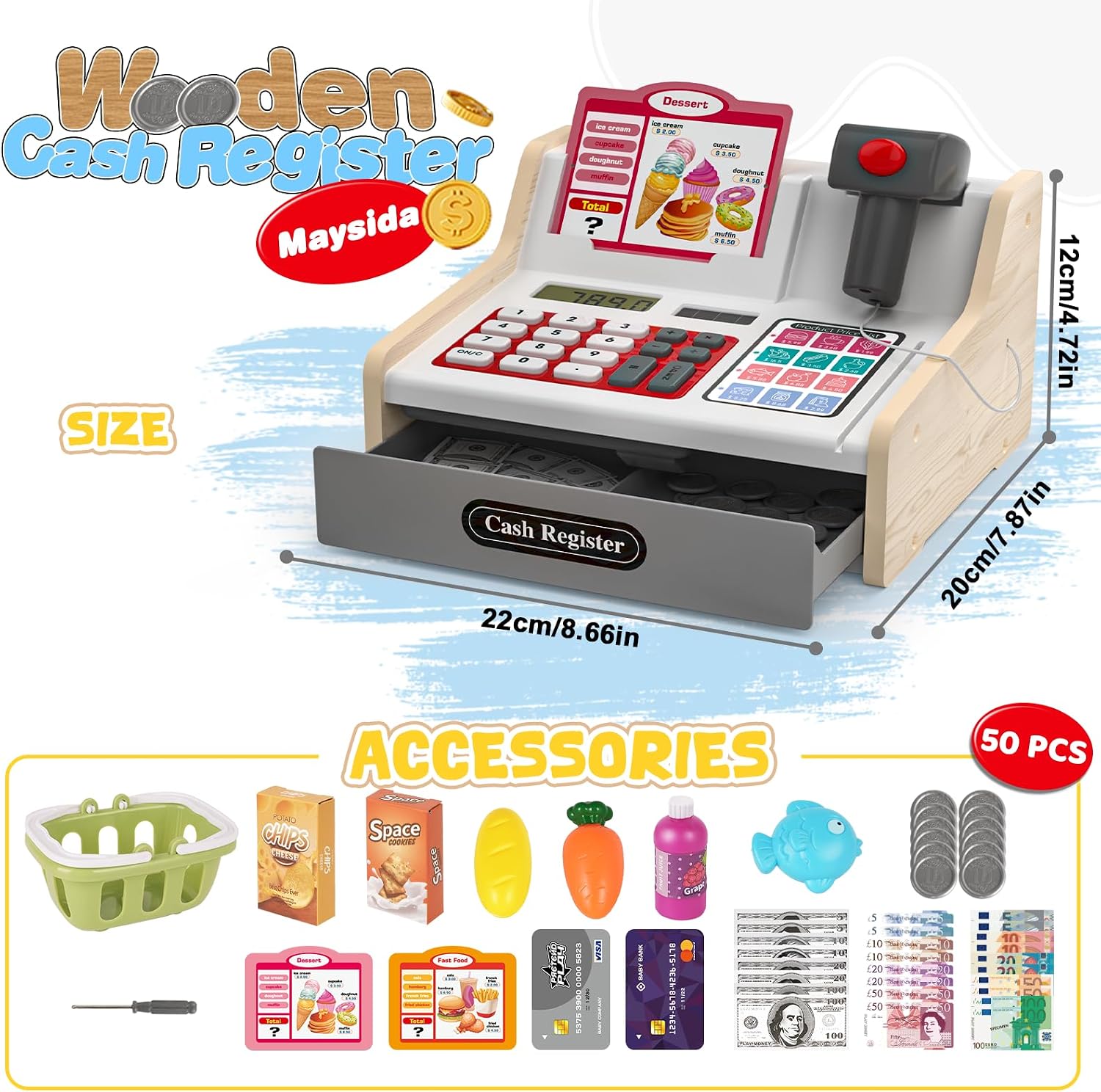 Thumbnail 5 de maysida 818-503M houten speelgoedkassa met scanner en winkelaccessoires