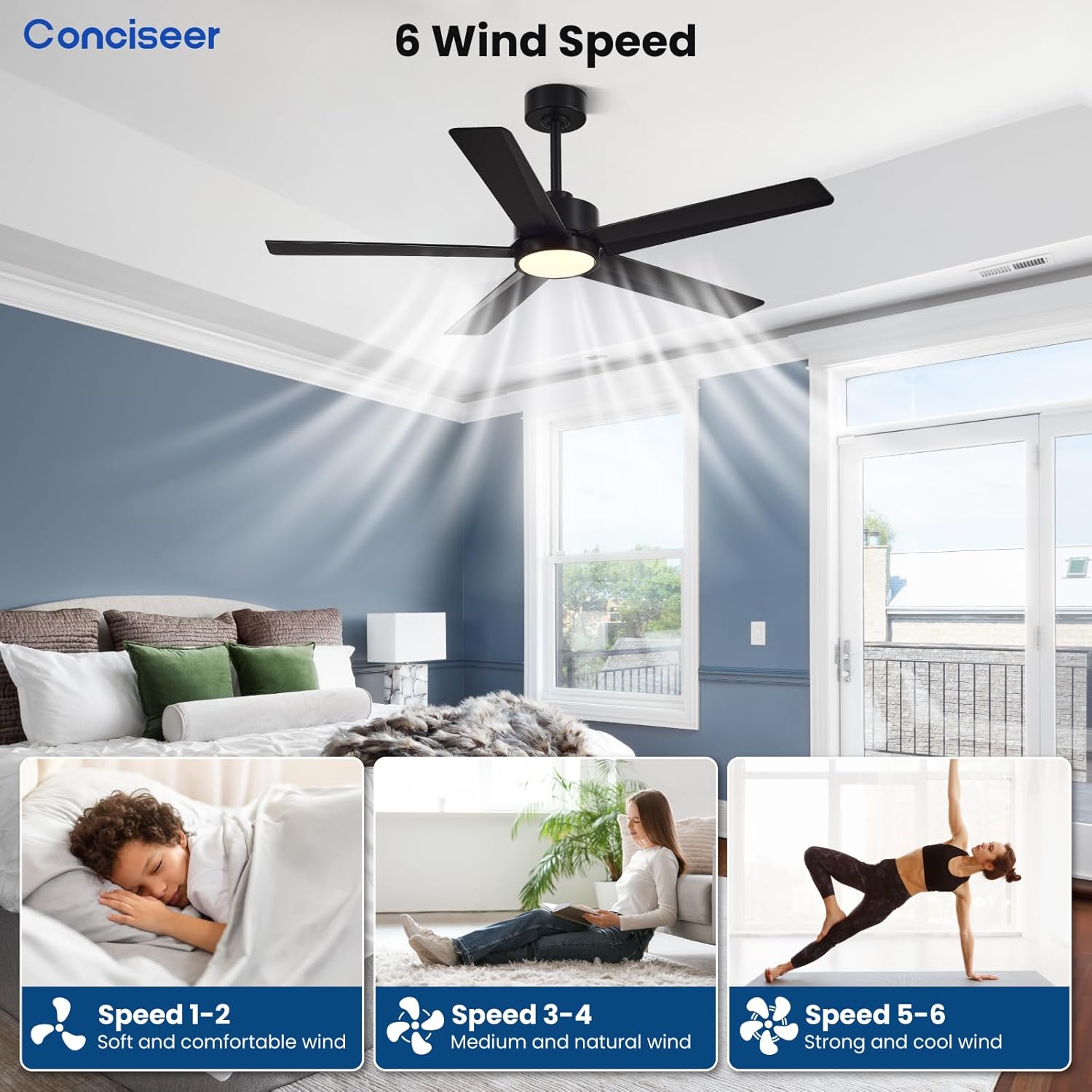 Thumbnail 3 de Conciseer 52-Inch Modern Ceiling Fan with Lights, Remote, 5 Blades, 6-Speed Reversible DC Motor (Black)