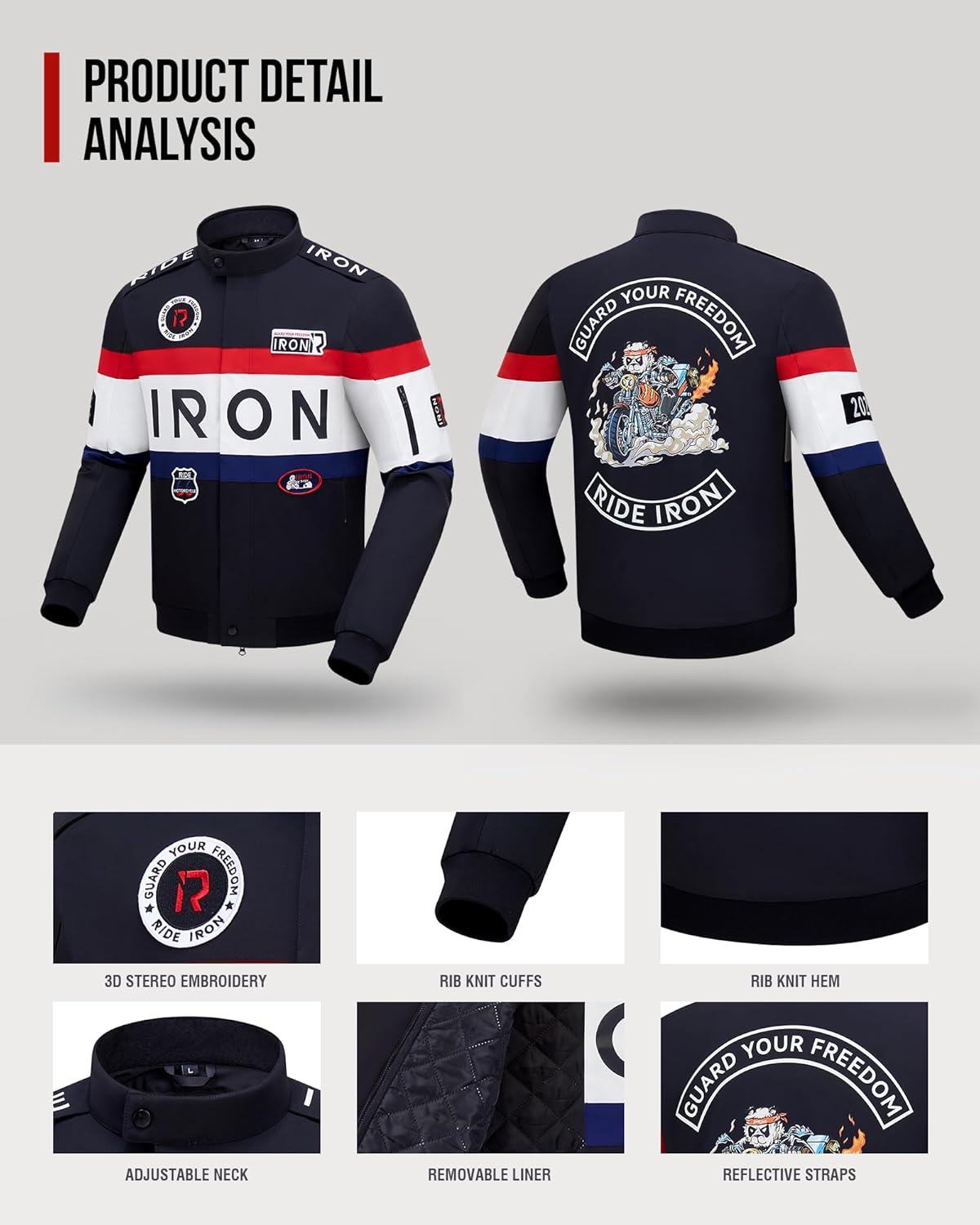 Thumbnail 3 de RIDEIRON Blouson moto homme avec protections CE et doublure amovible 4 saisons