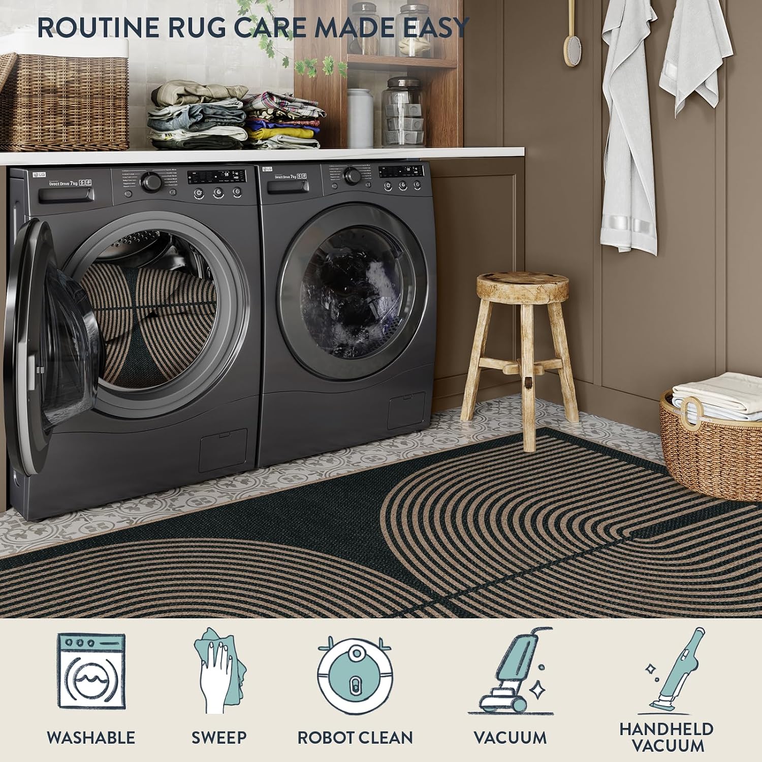 Detalle de Lahome Enfys Rainbow Easy Jute Outdoor Carpet (9x12) - Washable, Charcoal Black
