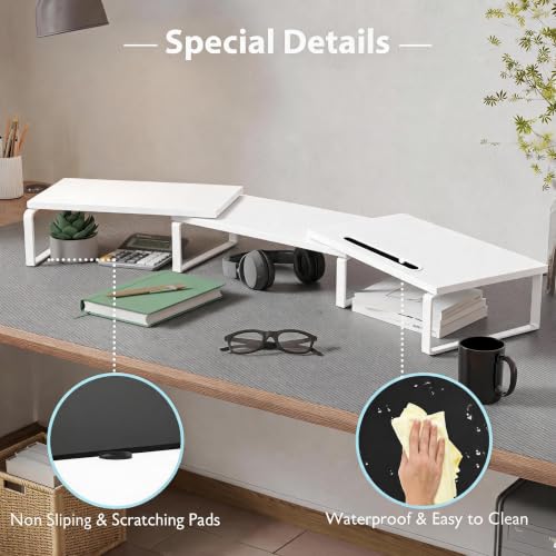 Detalle de DOMSHOCT Dual Monitor Stand Riser: Adjustable, Open Bottom Storage and Tablet Slot