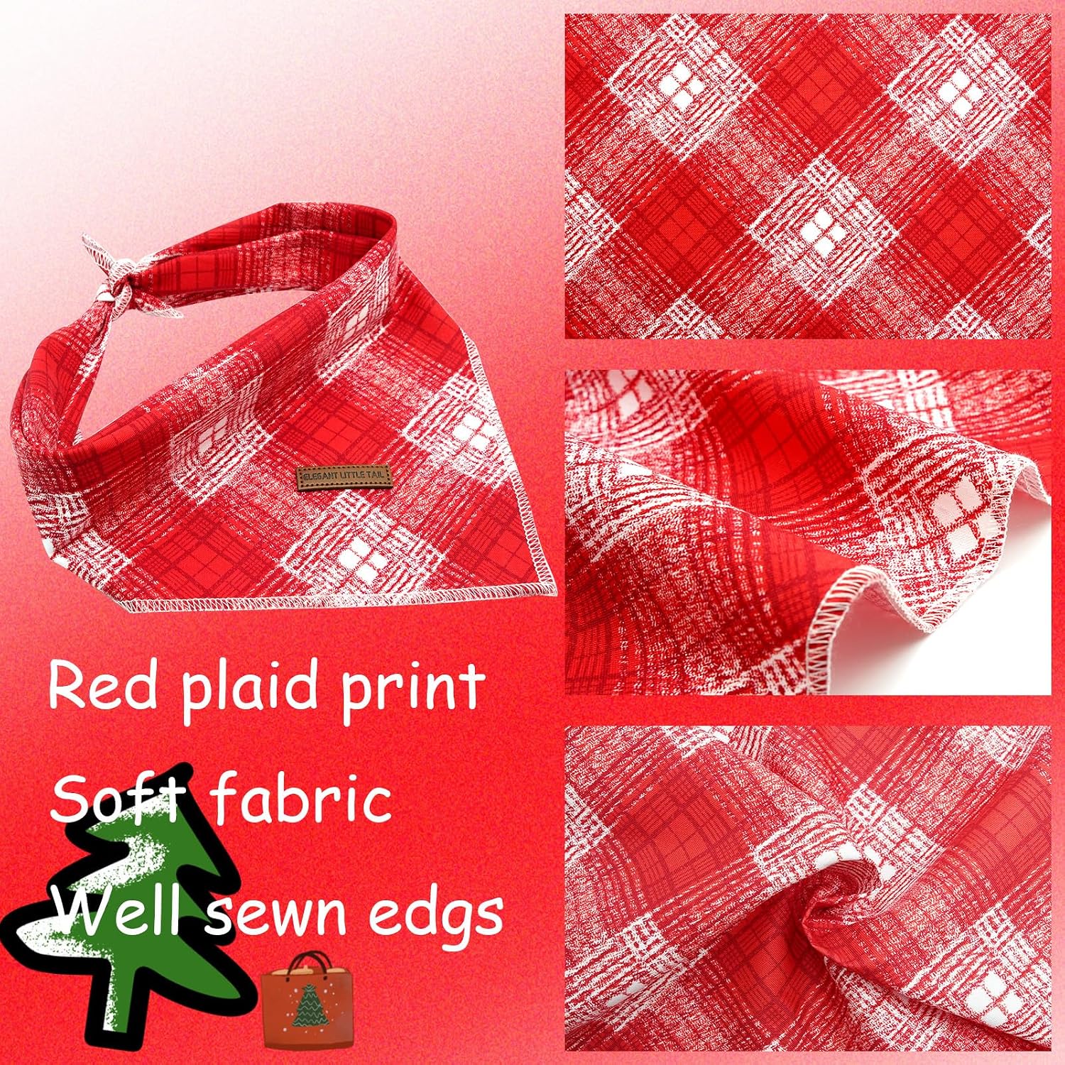 Detalle 2 de Elegant little tail Christmas Dog Bandana, Large Red Plaid Cotton Scarf