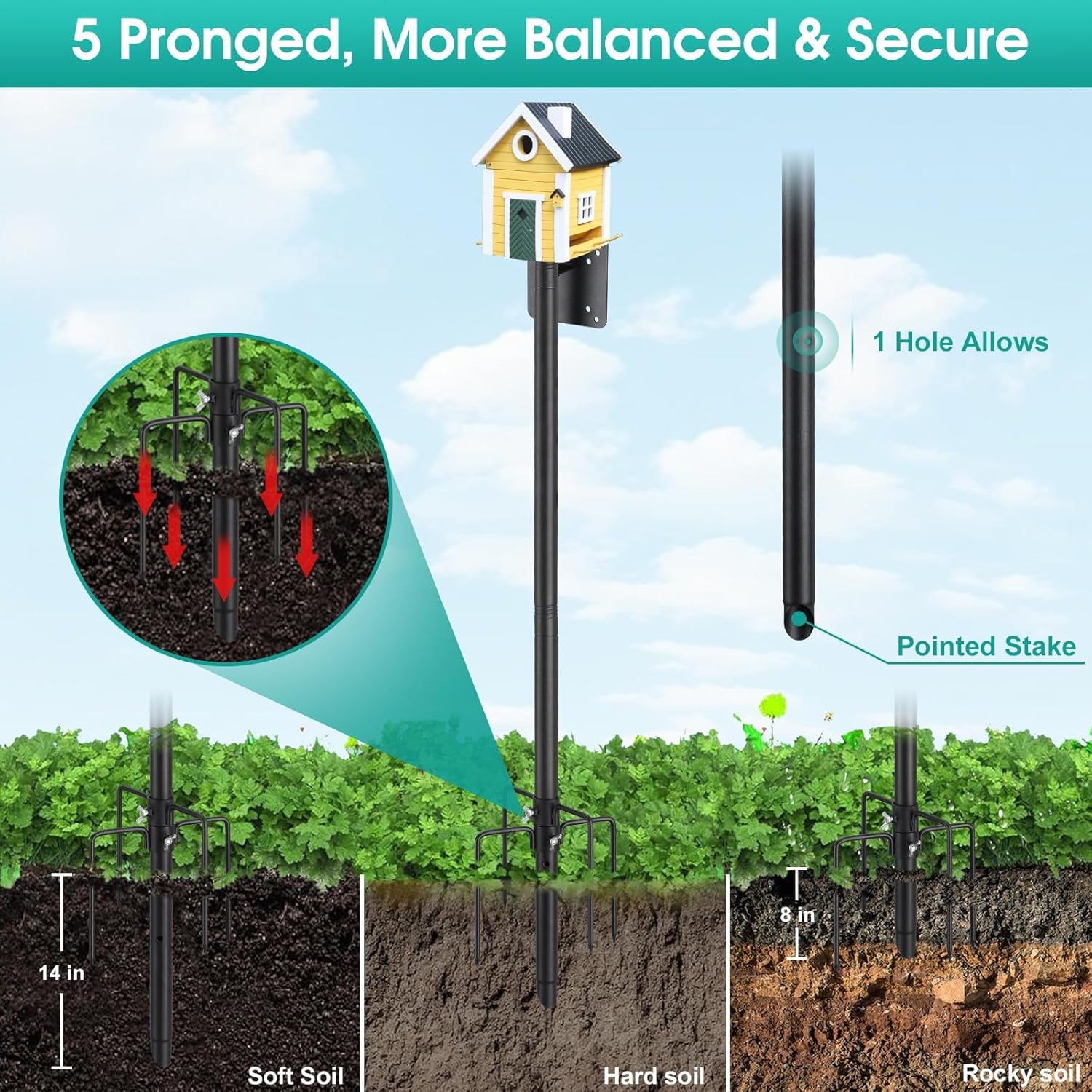 Thumbnail 1 de Bird Table Stand for Garden 150 cm: Heavy-Duty Outdoor Bird Feeder Pole with 5‑Prong Base