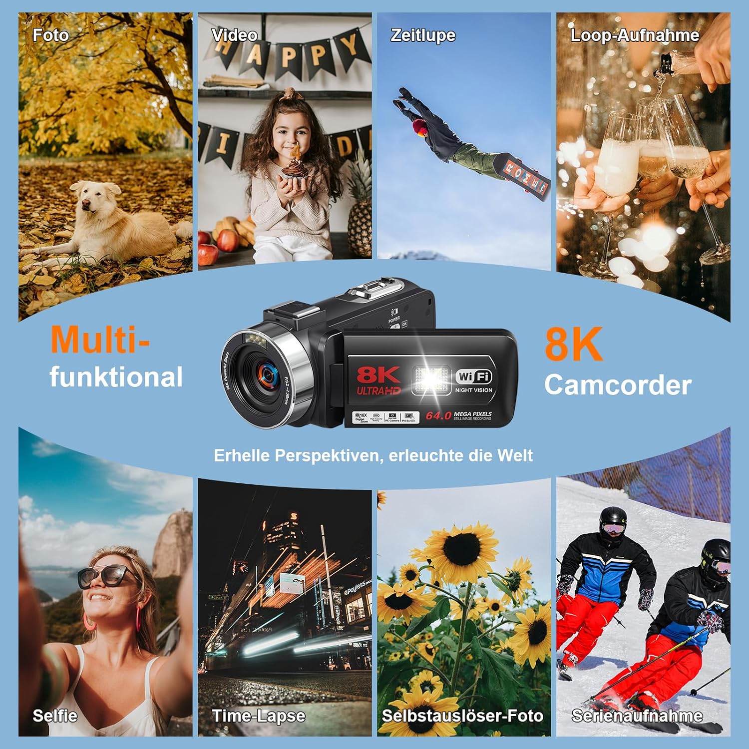 Thumbnail 6 de Videokamera Camcorder 8K 64MP WiFi mit IR-Nachtsicht, 18x Zoom, Vlogging-Kamera – inkl. 64GB SD, 2 Akkus, Mikrofon & Fernbedienung