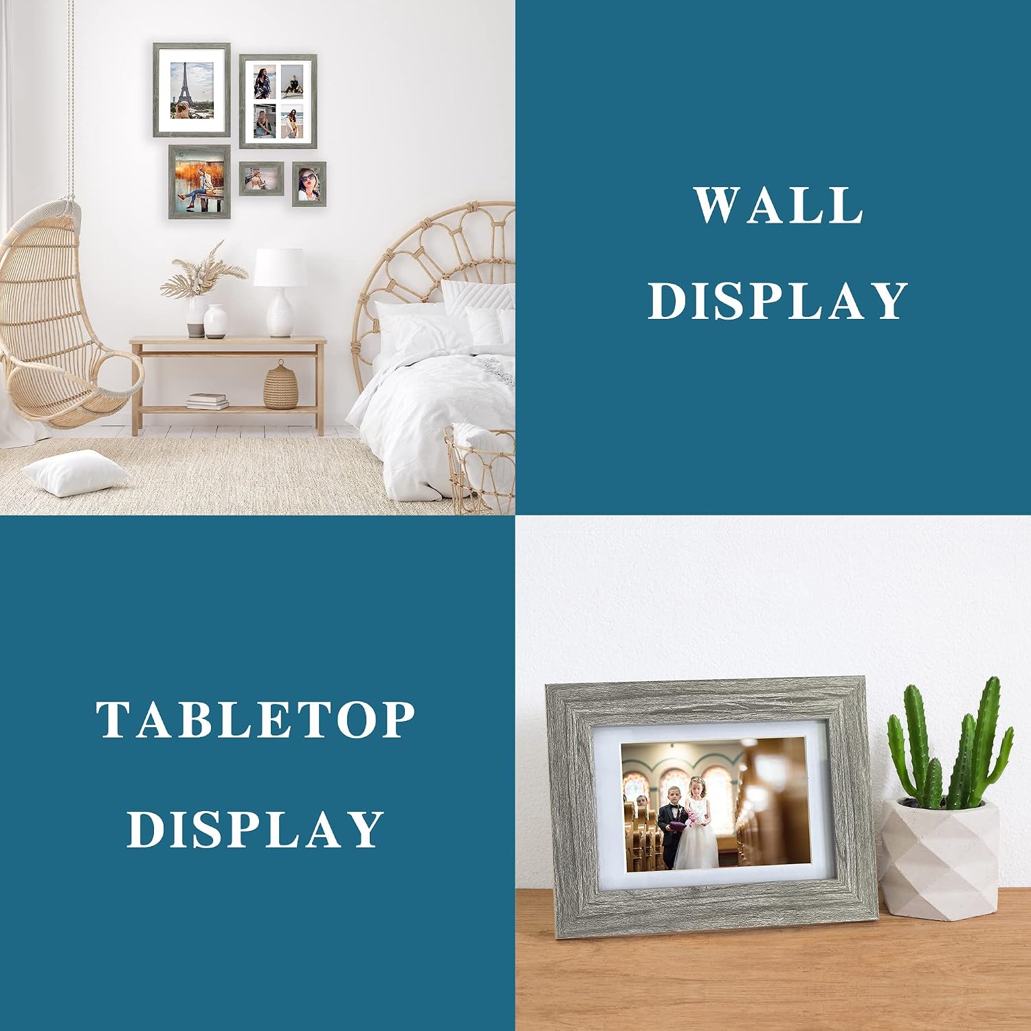 Detalle de Hongkee 8x10 Picture Frame Set of 2 (Grey Rustic Style) — 5x7 with Mat / 8x10 Without Mat, for Wall or Tabletop