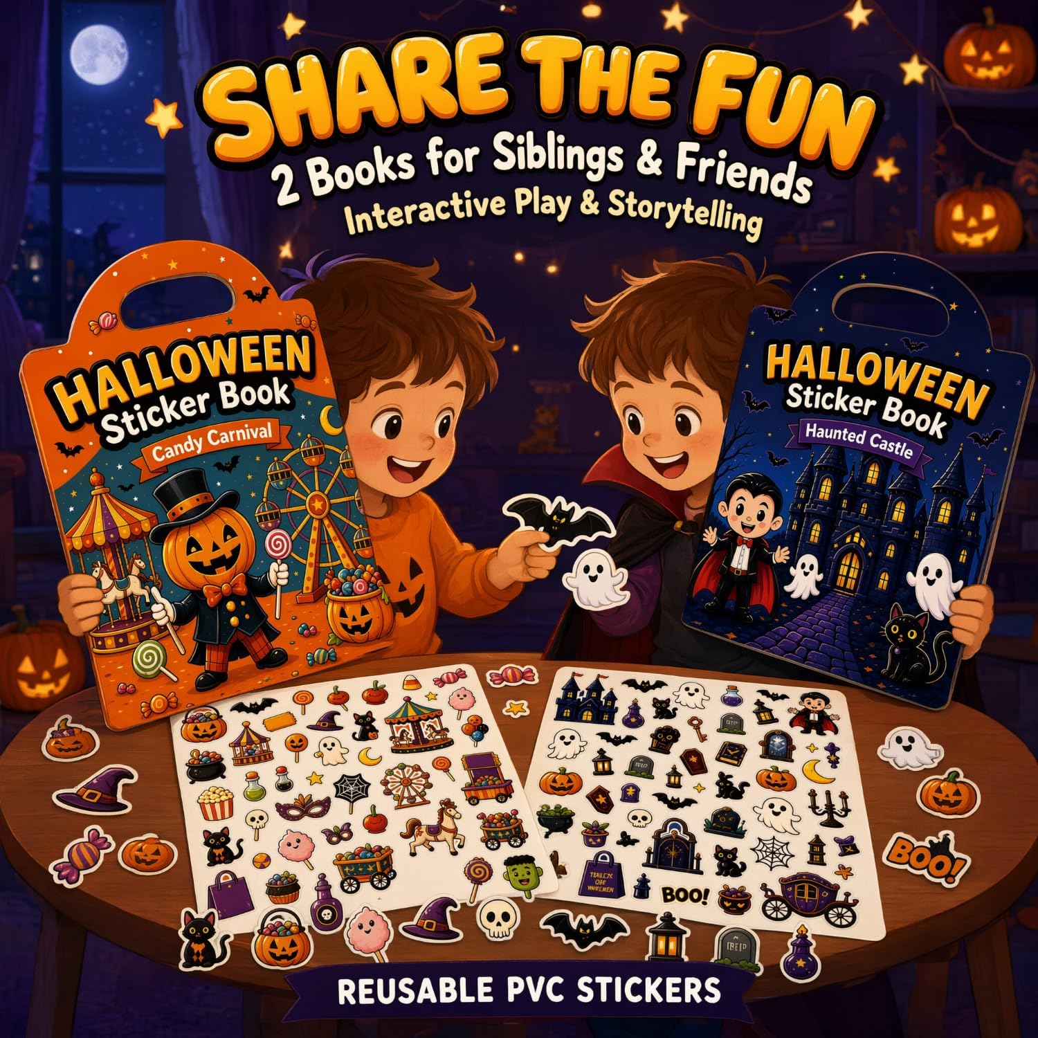 Detalle 2 de Tailano Bookss00a Reusable Halloween Sticker Books, 2-Pack with 89 PVC Stickers