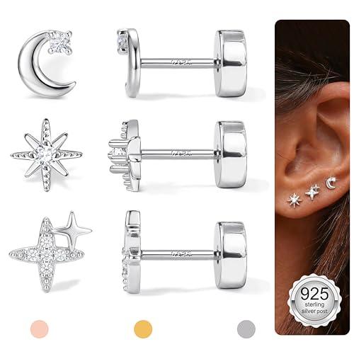Thumbnail 1 de Finrezio 3 Pairs Flat Back Earrings – Sterling Silver Hypoallergenic Studs