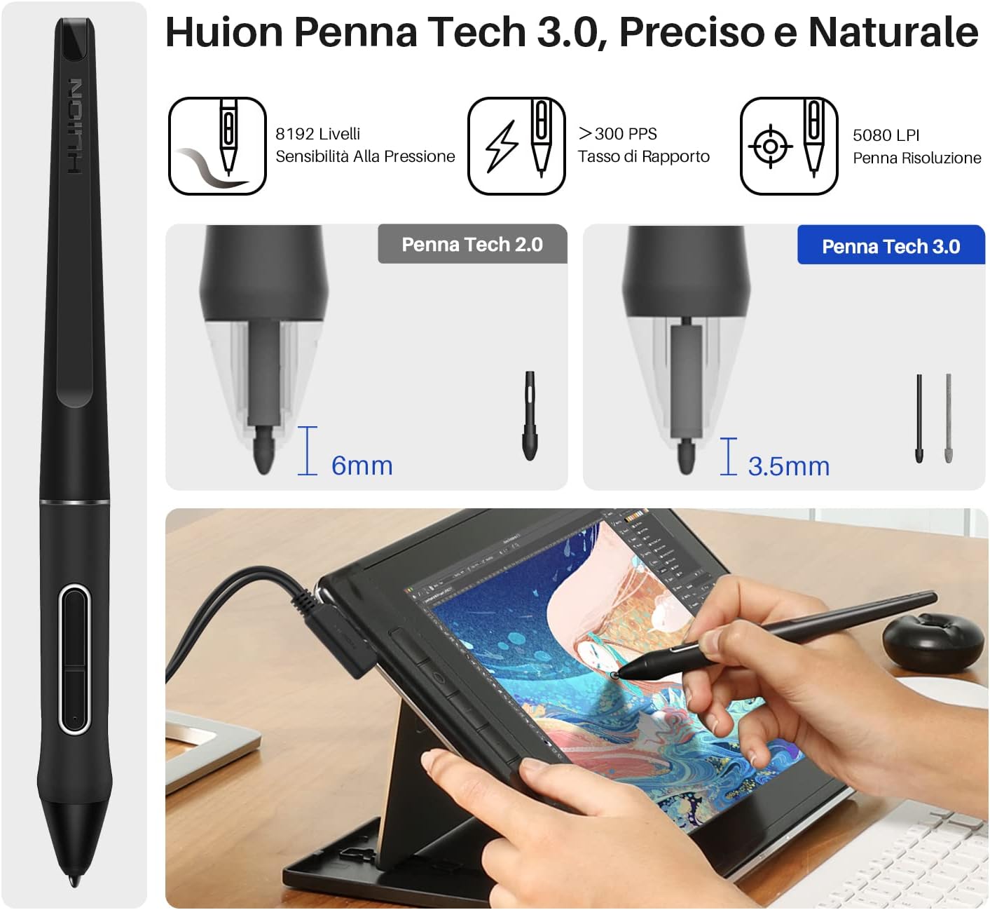 Detalle 2 de HUION Kamvas Pro 13 2.5K Tavoletta grafica con schermo 13,3” Full-Laminato e penna senza batteria