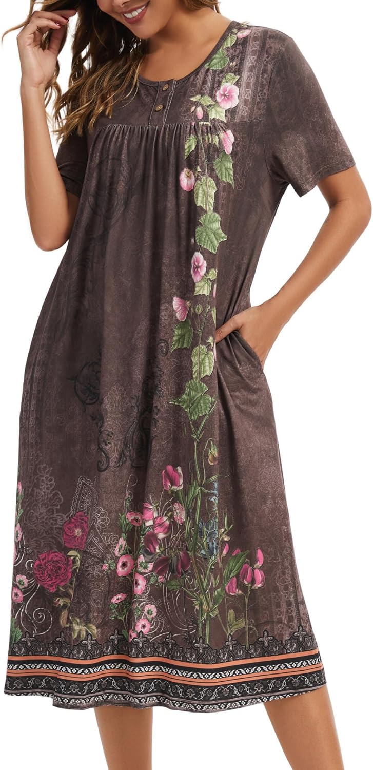 Detalle de Lerliacr Women's Floral Nightgown – Loose Fit Sleep Dress with Pockets
