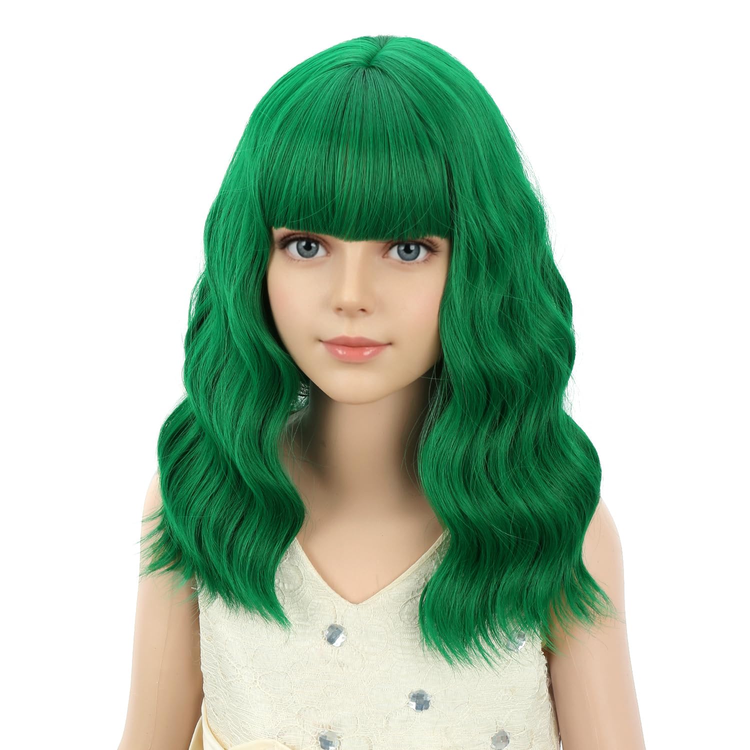 Detalle 2 de PATTNIUM Kids Green Wig with Bangs, Wavy Shoulder-Length Synthetic Hair