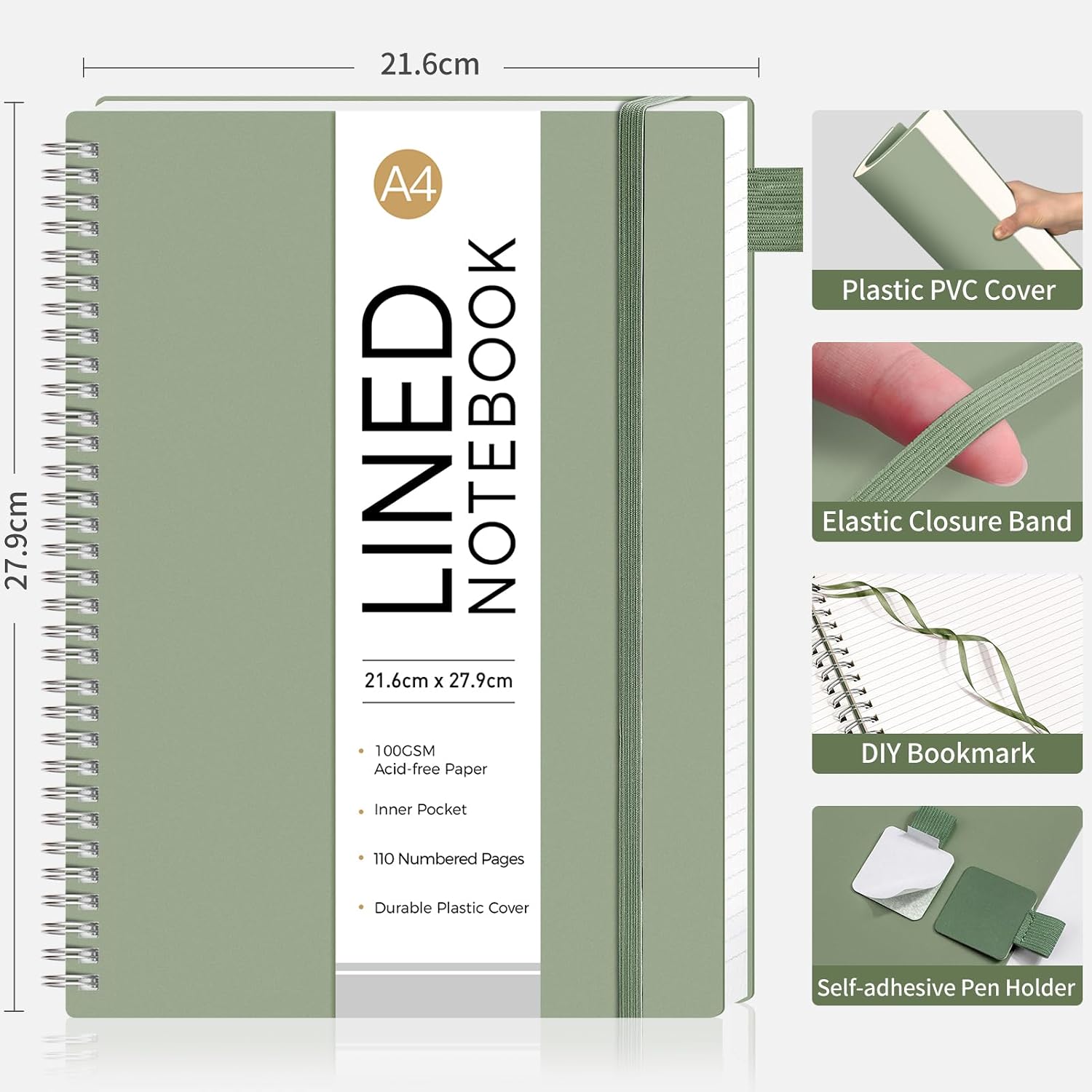 Detalle 2 de AUTEMPO A4 Notebook Lined, 3 Pack – Wirebound Spiral Notebooks with 110 Pages Each (100gsm) in Green, Pink & Purple
