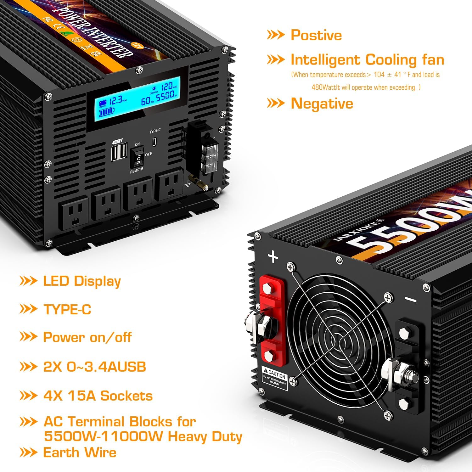 Detalle de 5500W 12V DC to 110/120V AC Inverter with LCD, Type-C, 3 Outlets, Dual USB, Remote