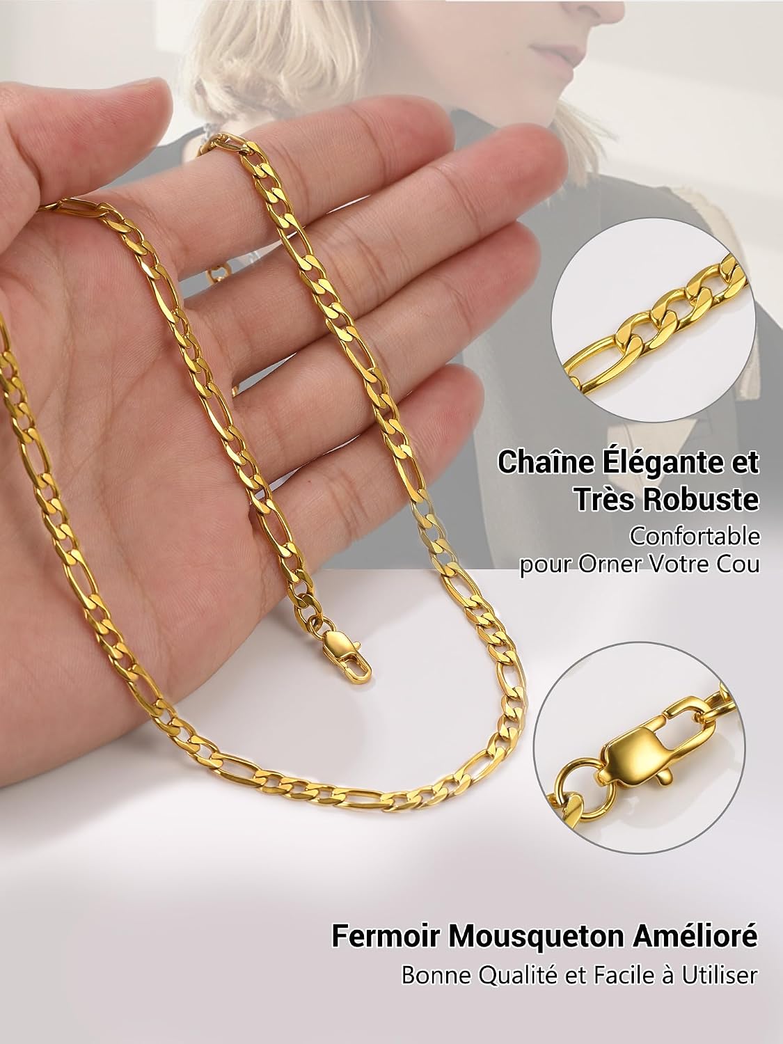 Detalle de PROSTEEL Collier chaîne Figaro en acier inoxydable 316L avec plaquage (maillons alternés) pour femme ou homme
