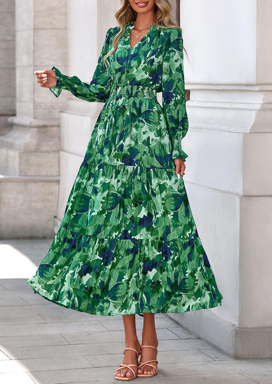 Thumbnail 2 de PRETTYGARDEN Women's Floral Maxi Dress: 2026 Fall Long Sleeve V-Neck Boho A-Line Maxi