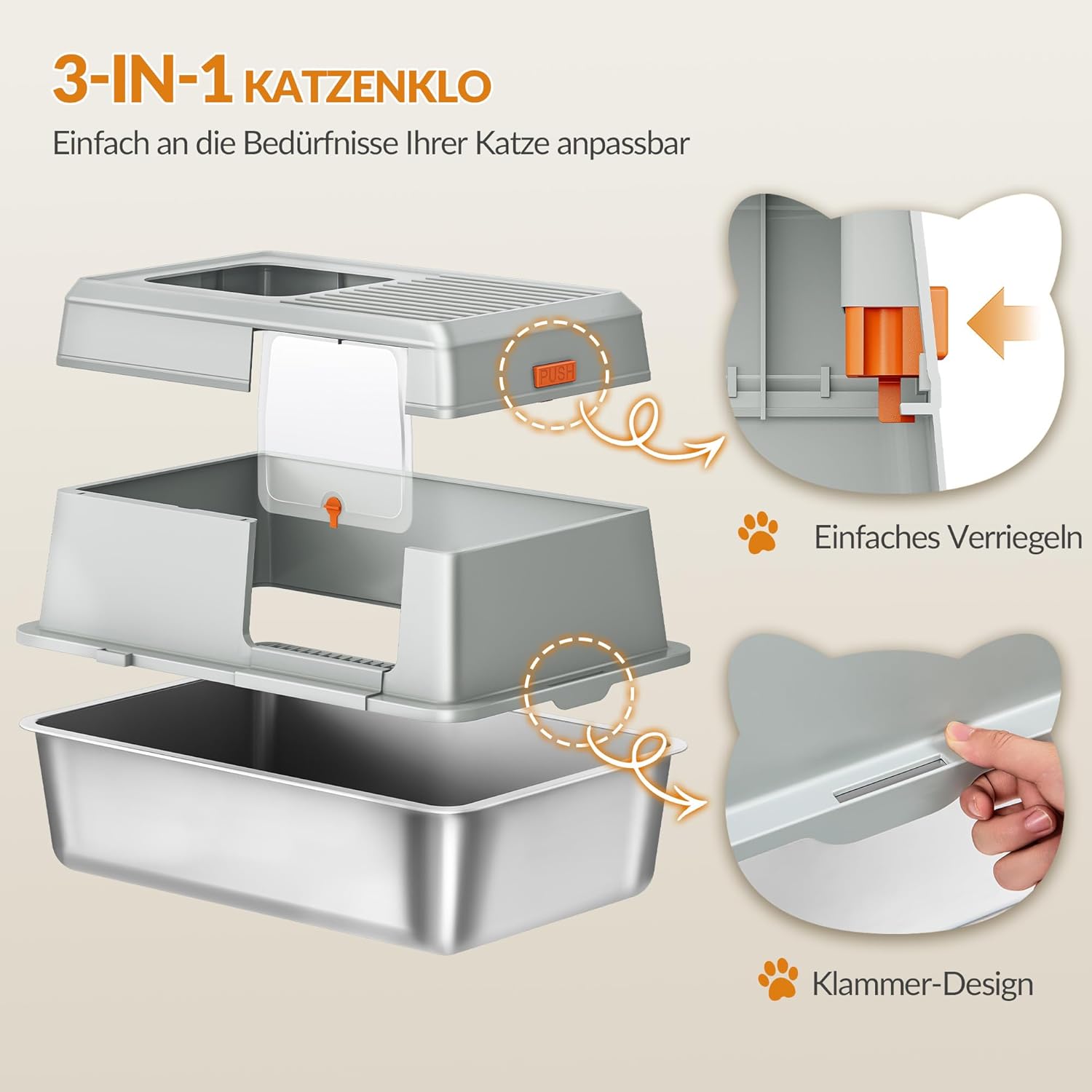 Thumbnail 6 de Fobyfurny Katzenklo aus Edelstahl mit Deckel (XL, 60 x 40 x 38 cm) – geschlossen mit Trittstufe, Schaufel und zwei Eingängen