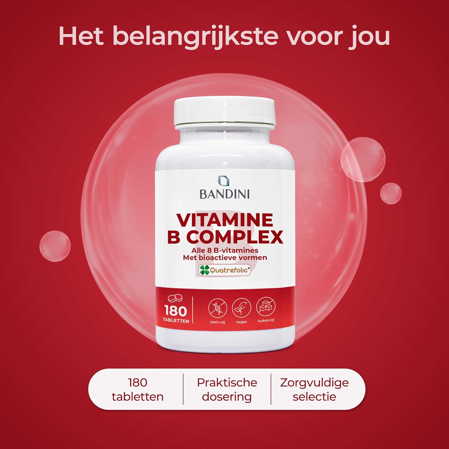 Detalle de BANDINI Vitamine B-complex, 180 veganistische tabletten met Quatrefolic®