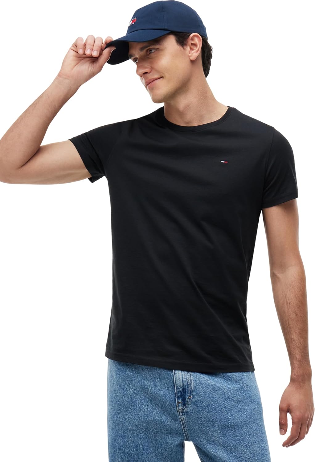 Detalle de Tommy Jeans TJM Xslim Jersey Tee Dm0dm04411, maglietta nera a maniche corte, taglia M