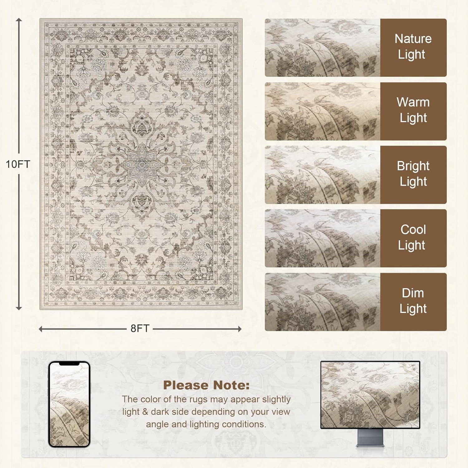 Thumbnail 1 de ExpediX 8x10 Area Rug: Washable, Soft Vintage Floral with Non-Slip Backing