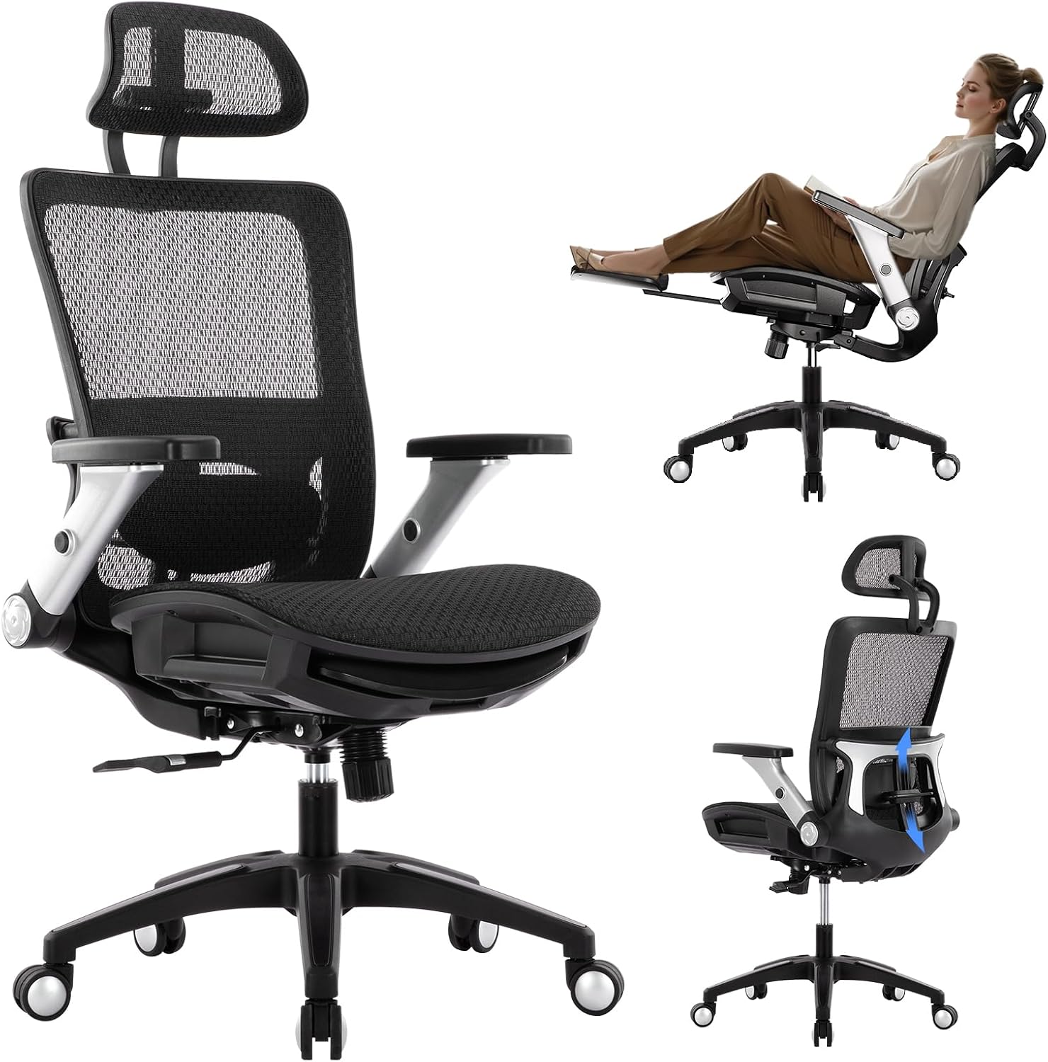 Detalle de COLAMY Ergonomic Mesh Office Chair with Footrest (High Back + Headrest), 4D Flip-up Arms, Lumbar Support and Tilt Lock – Black