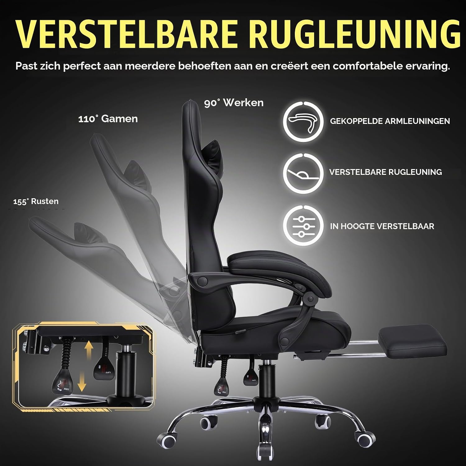 Thumbnail 6 de GTPLAYER WDJ01-BLK gamingstoel met massage-lendensteun, voetensteun en zwart design