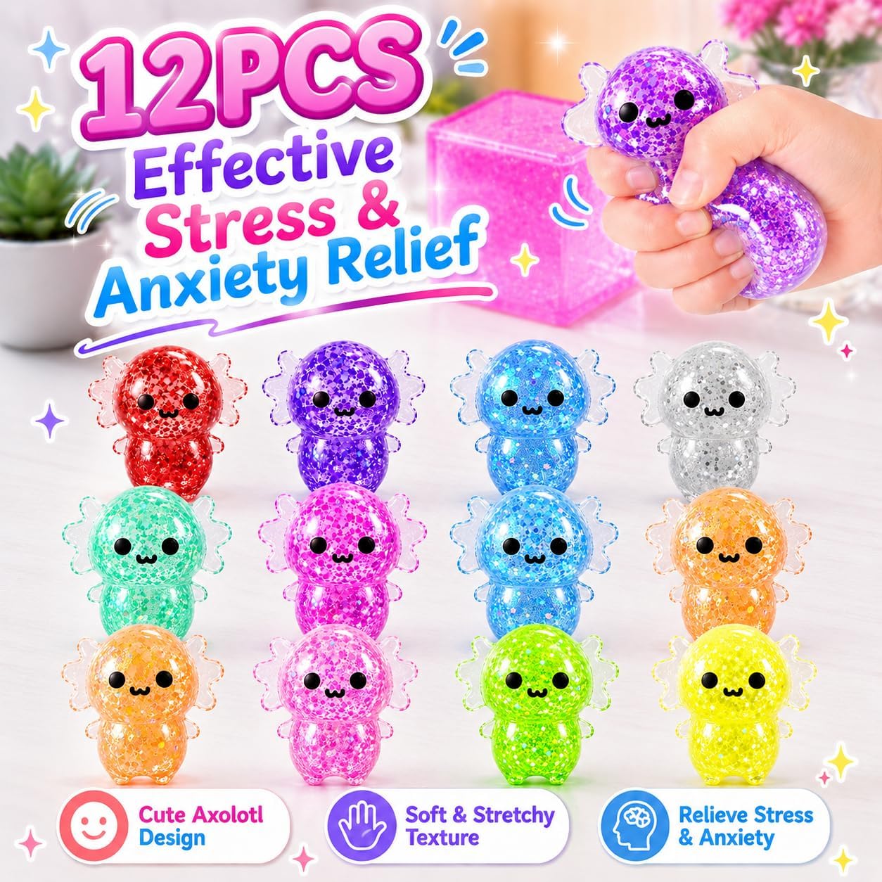 Detalle 2 de 12-Pack Axolotl Squishy Toys for Kids – Glittery Stress Balls & Fidget Set