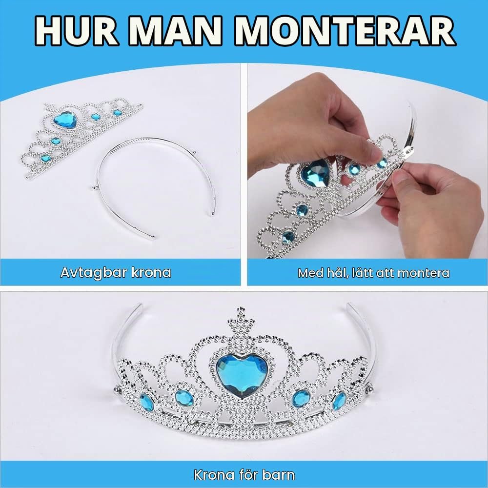 Detalle 1 de Vicloon Elsa-prinsessklänning med krona, trollstav och glänsande sidentyg
