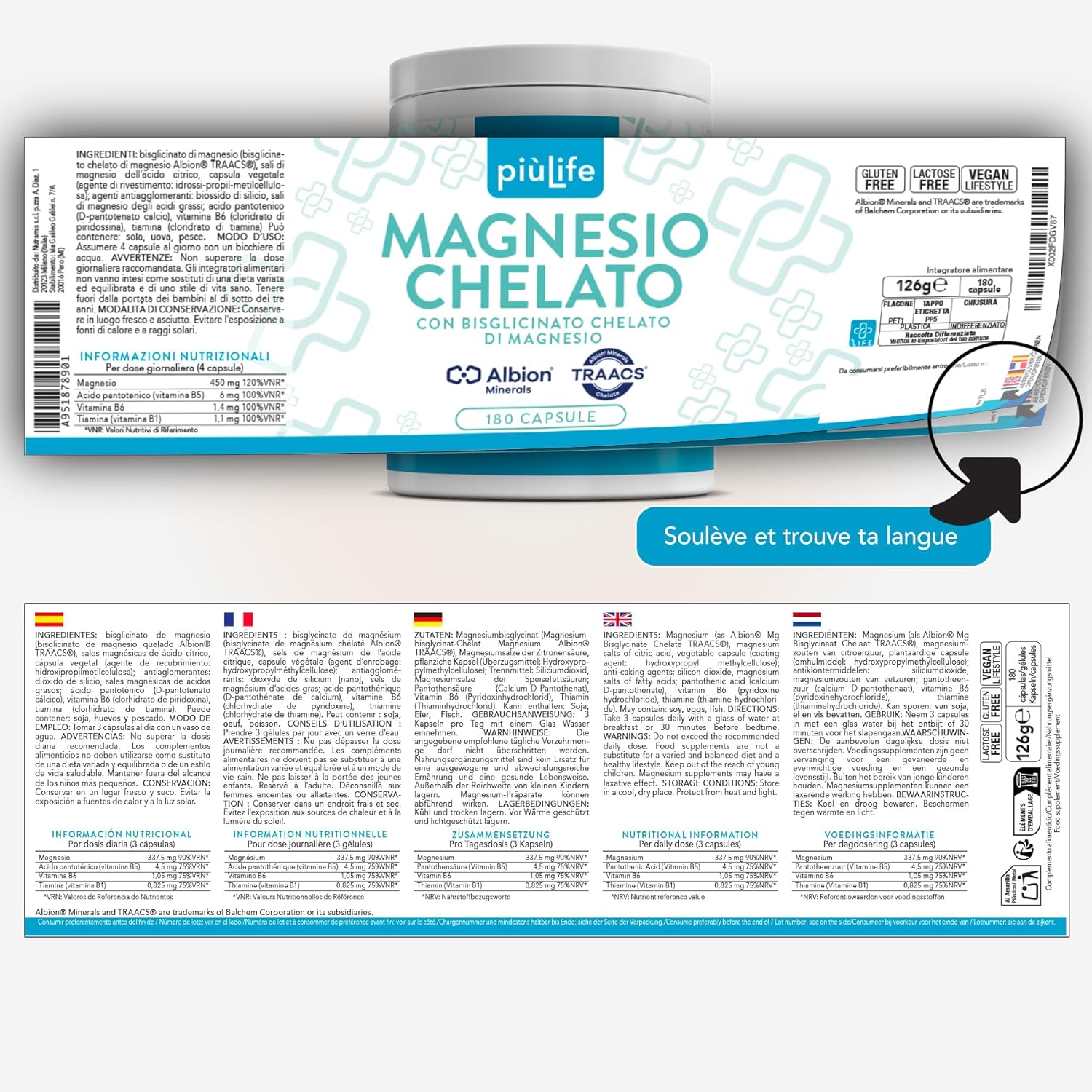 Thumbnail 5 de Magnesium Bisglycinate Chélaté PiùLife 337,5 mg avec vitamines B1, B5 et B6 – 180 gélules végétales