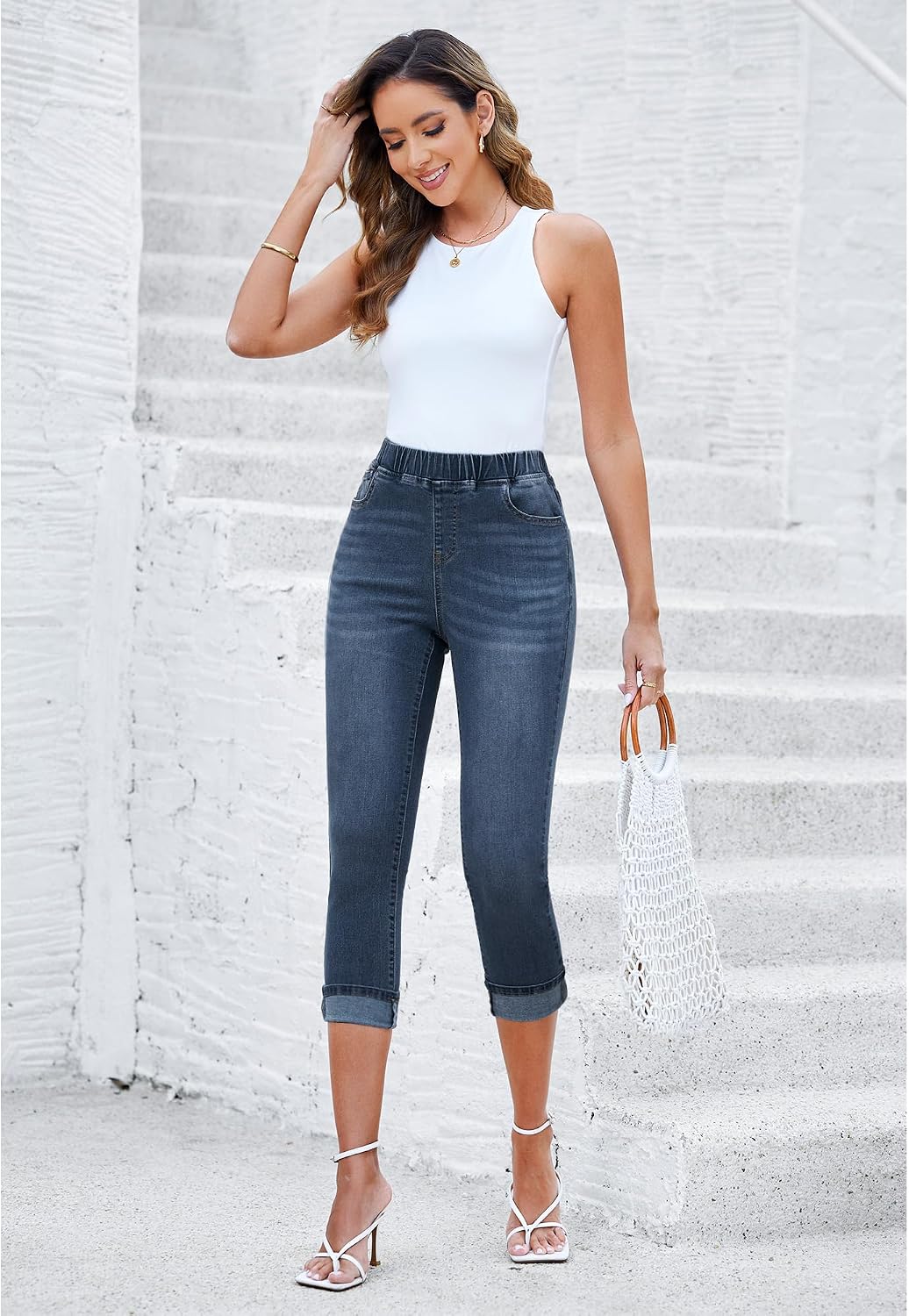 Detalle de GRAPENT Pull-On High-Waisted Skinny Capri Jeans (Cropped Stretch Denim)