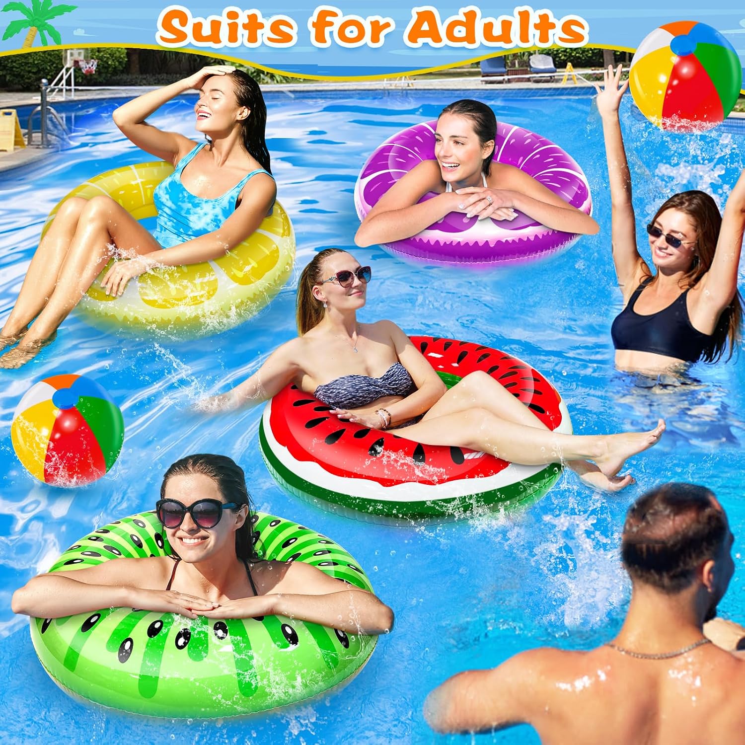 Thumbnail 6 de 8 Pack Inflatable Pool Floats with Fruit Shapes and Rainbow Beach Balls