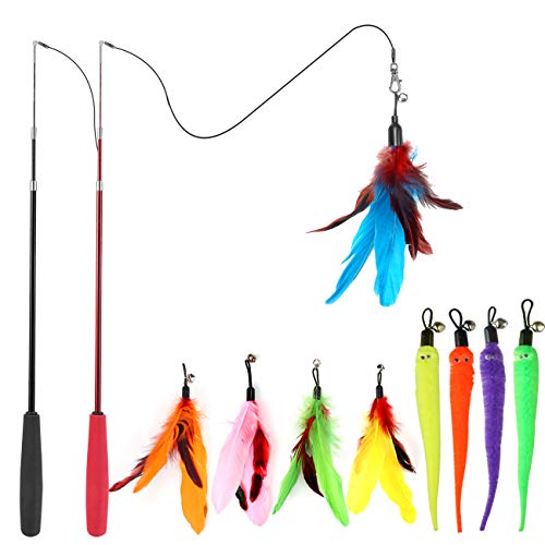Detalle de MeoHui Cat Toys for Indoor Cats: Interactive Wand Toy Set with 9 Feather Refills (2 Wands + 2 Strings) — A Great Boredom Buster