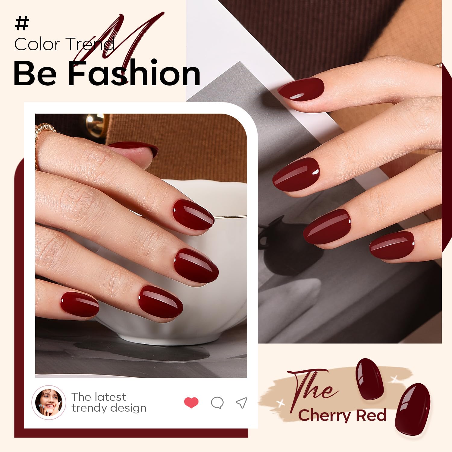 Detalle 2 de modelones Dark Red Short Oval Press-On Nails: 32-Piece Set with Glue, Tabs, File & Prep Pads