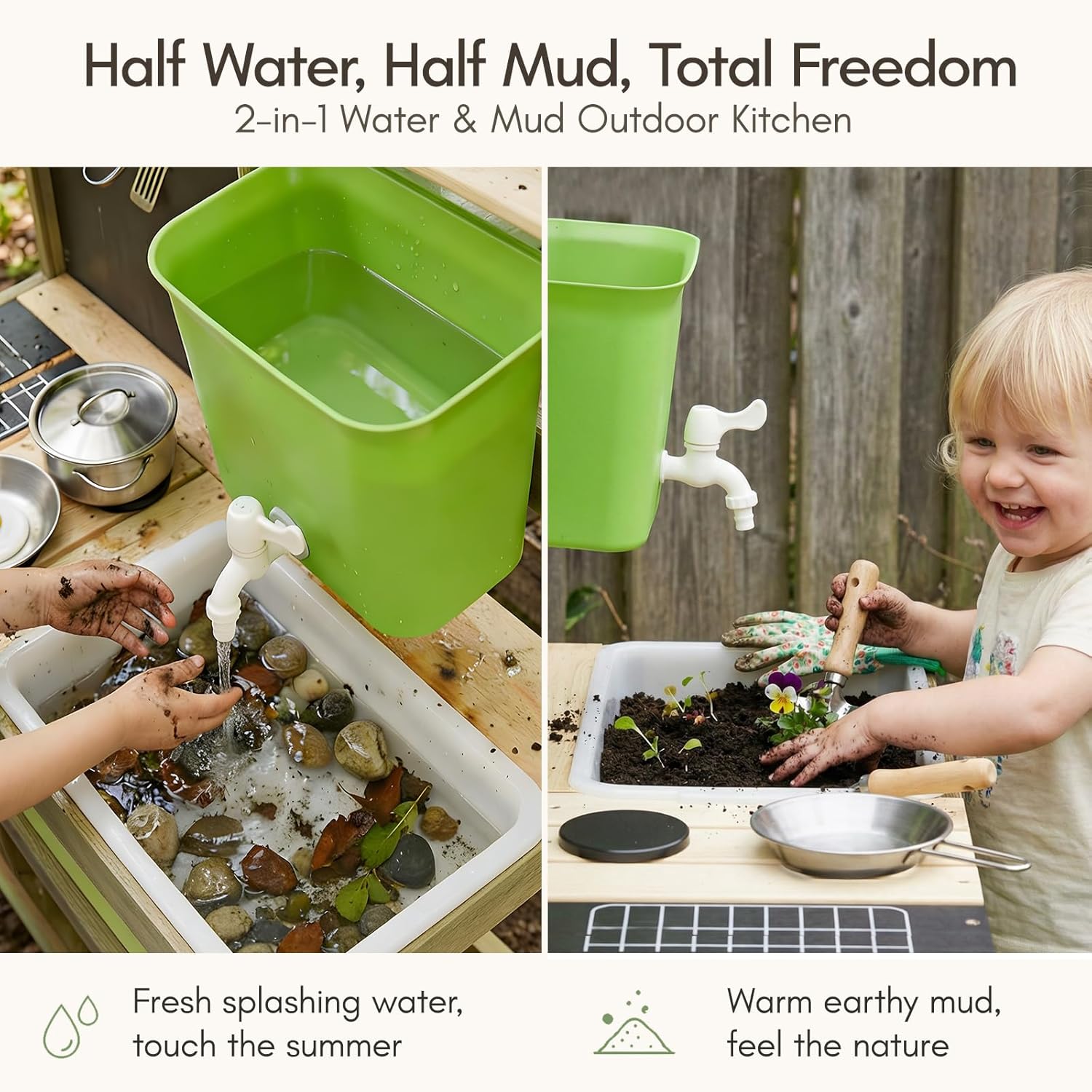 Detalle de Giant Bean Mud Kitchen for Kids Outdoor: Wooden Play Kitchen with 4.8L Water Tank