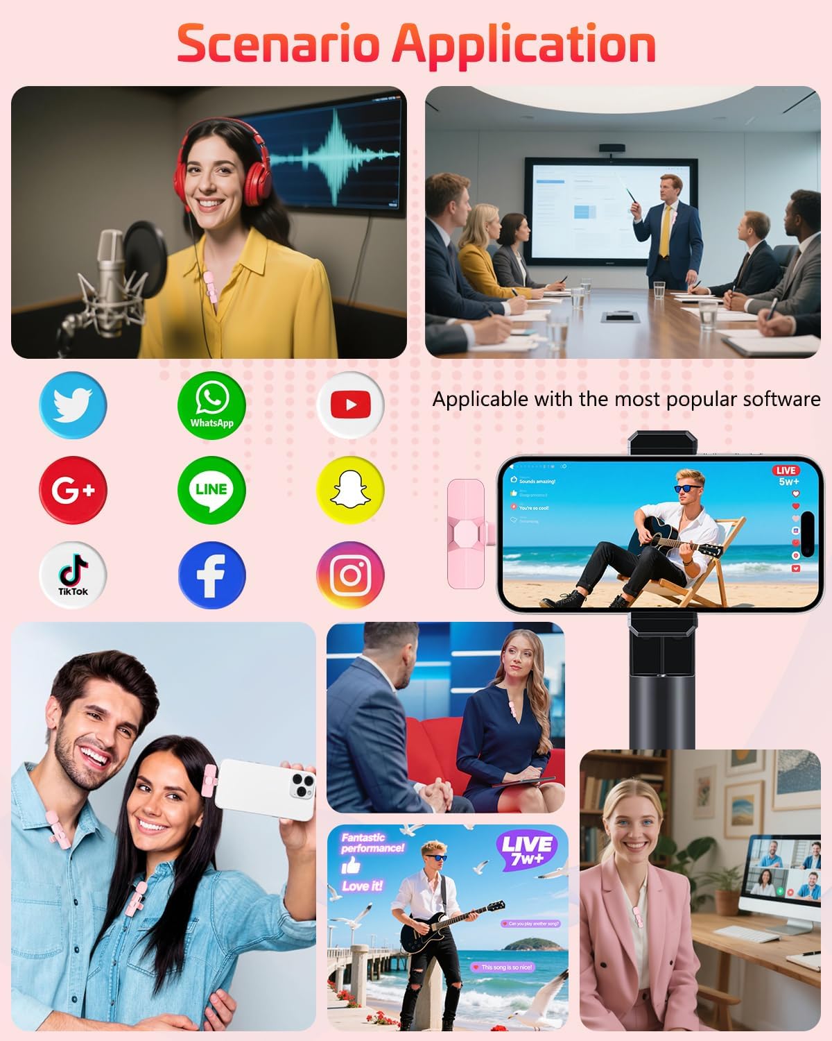 Detalle 2 de HONGJIEYUAN Pink Wireless Lavalier Microphone for iPhone & Android