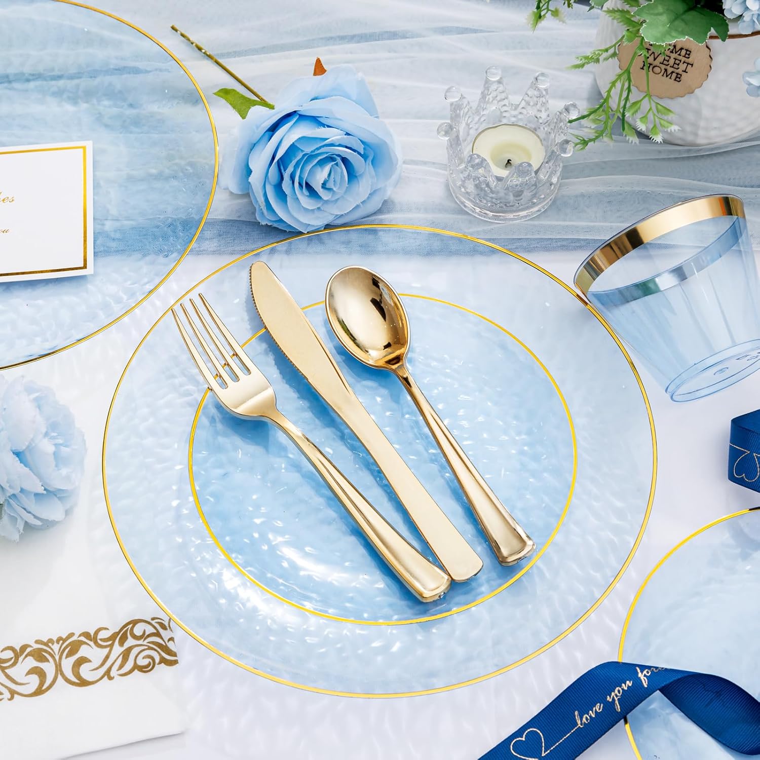 Thumbnail 2 de DaYammi 350PCS Clear Blue Gold Plastic Dinnerware Set for 50 Guests